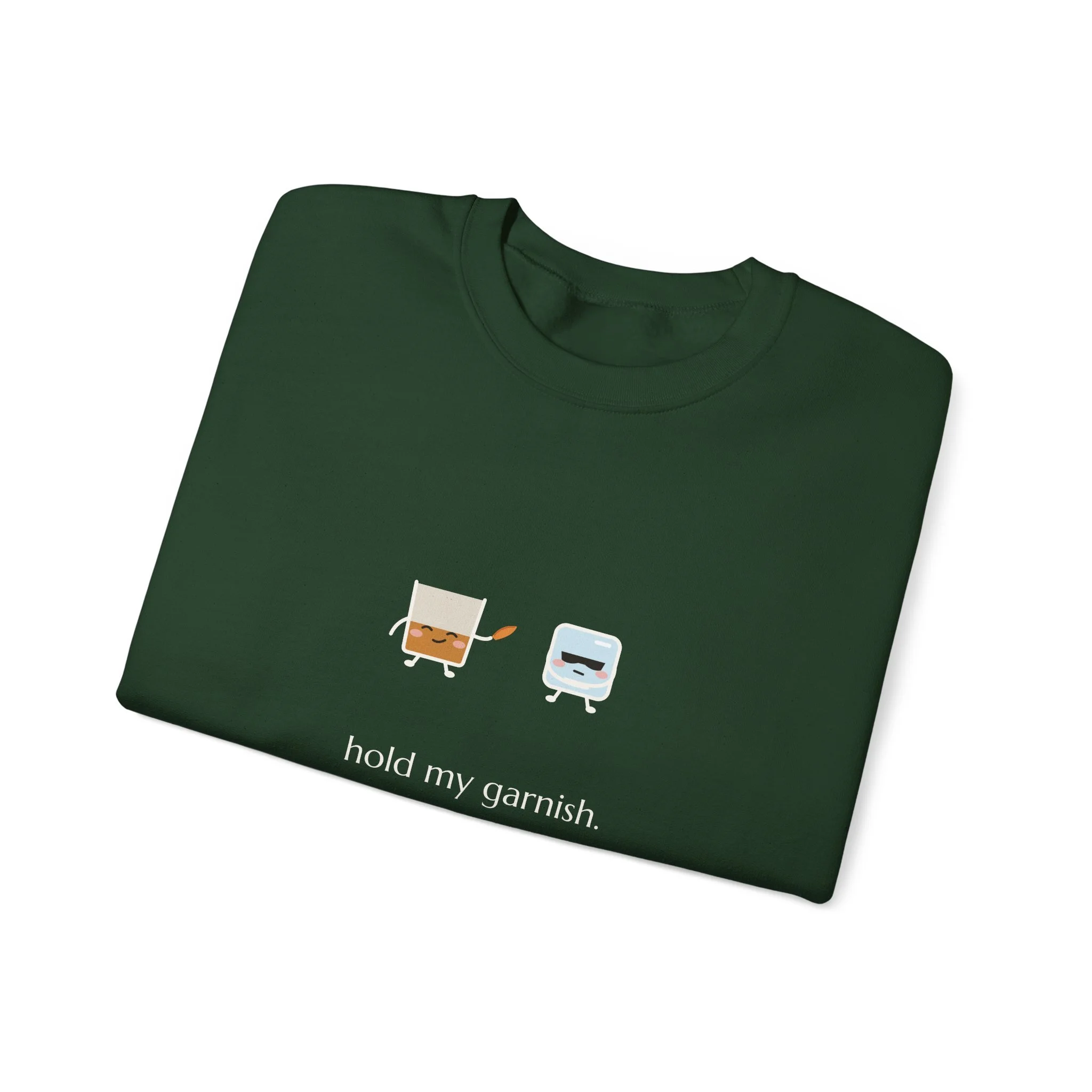 hold my garnish. crewneck sweatshirt in Forest Green, collar label view