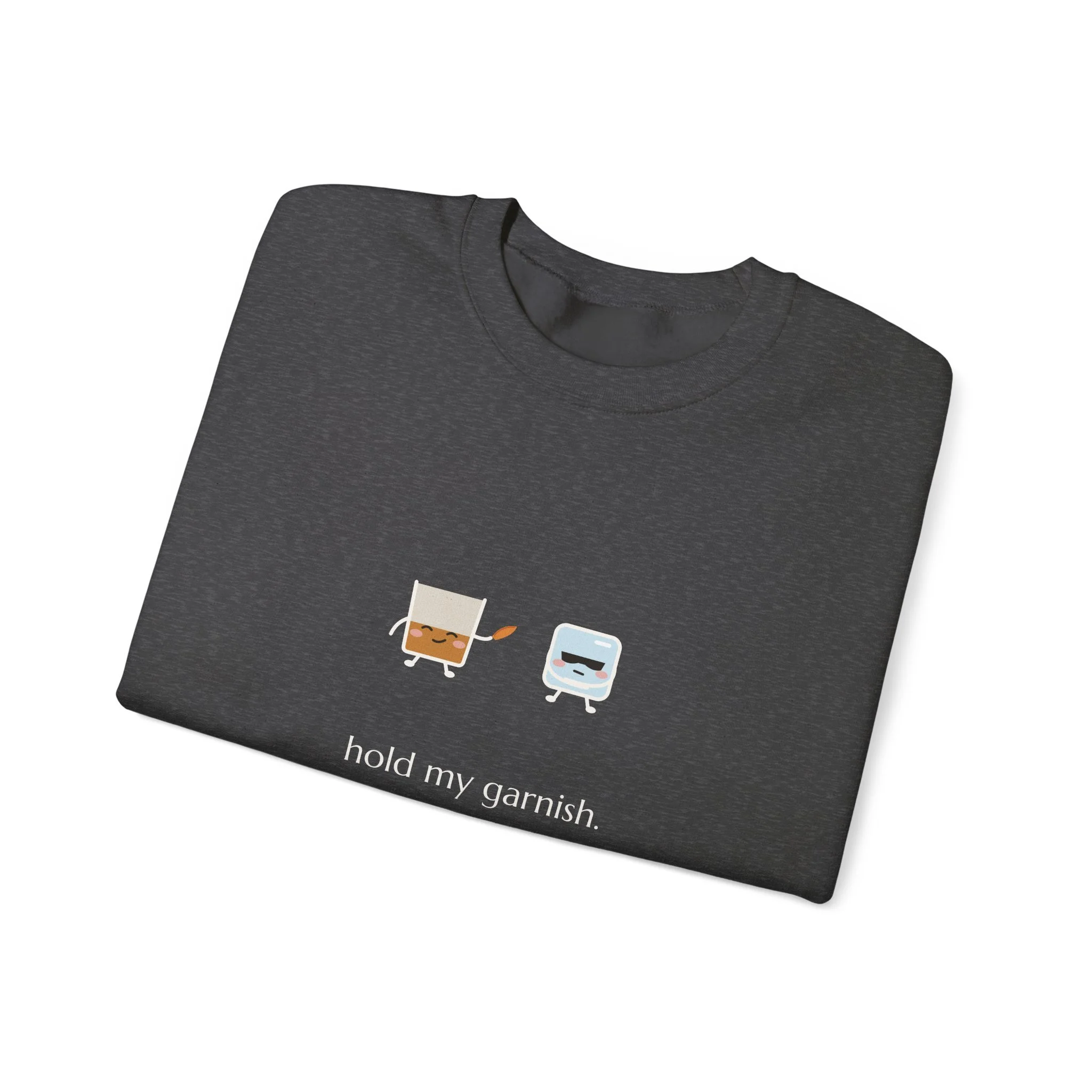 hold my garnish. crewneck sweatshirt in Dark Heather, collar label view