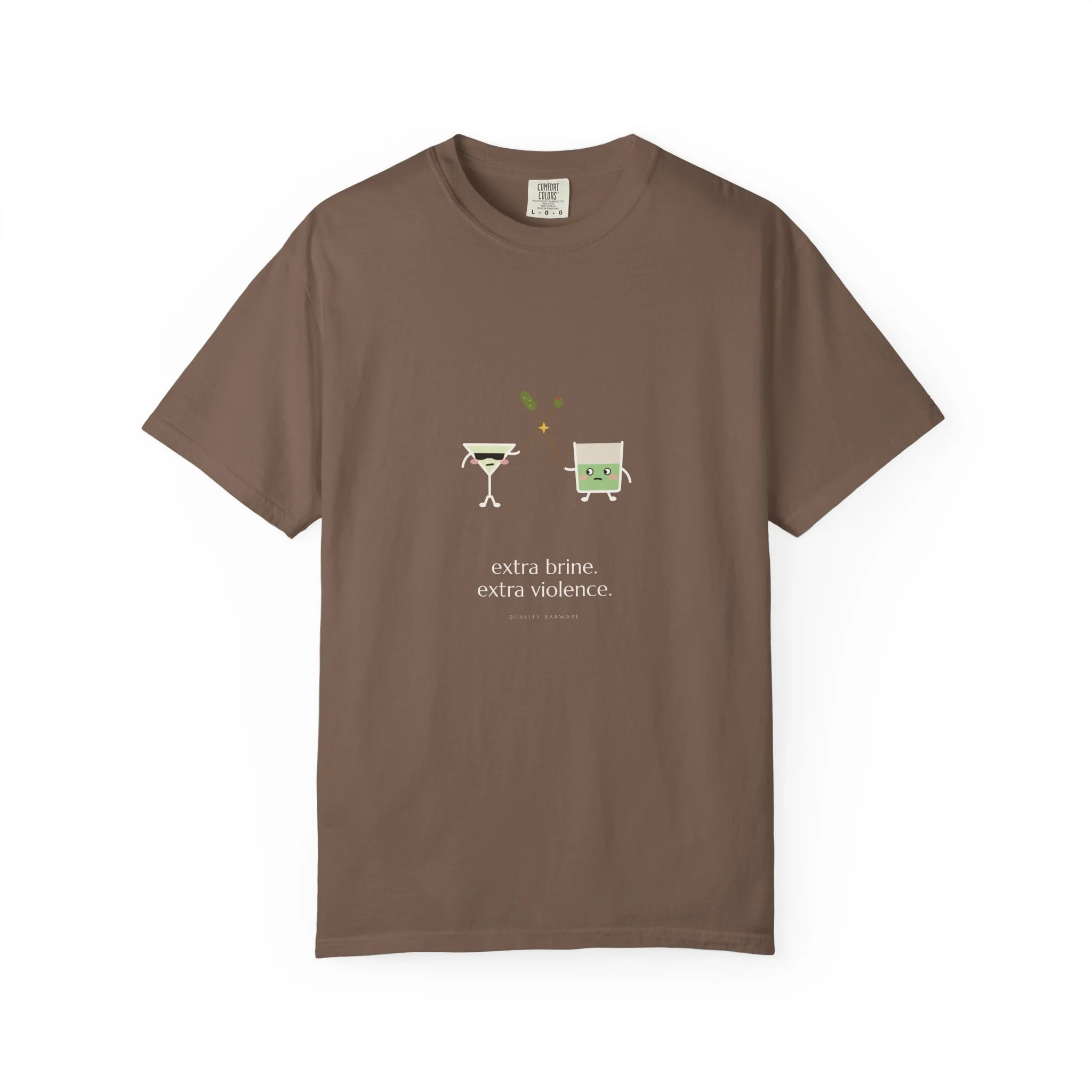 extra brine. extra violence. Comfort Colors tee in Espresso, martini and pickle-brine rocks glass dueling with cocktail picks, Lil Pours by Quality Barware