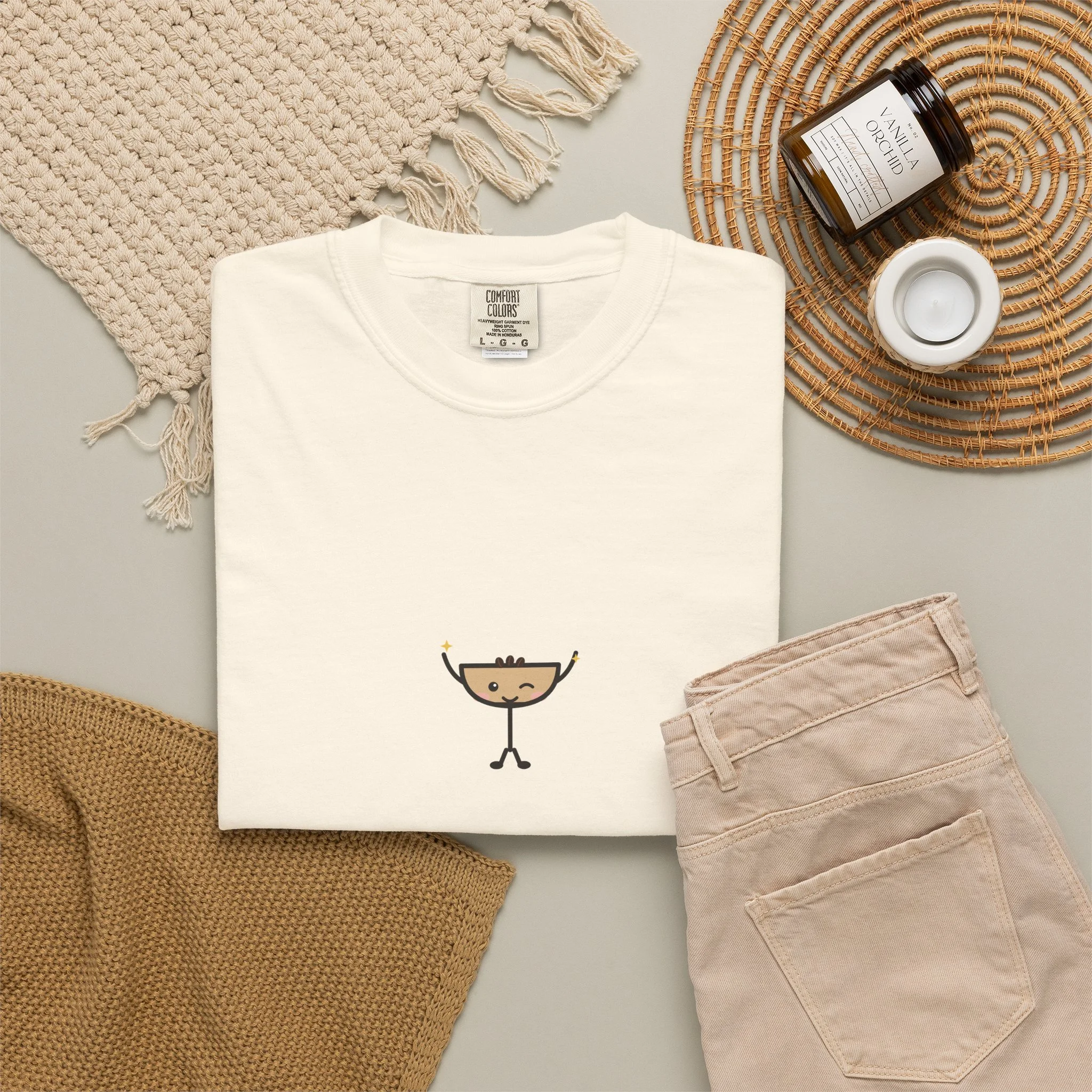 wide awake. poorly behaved. Comfort Colors tee in Ivory, detail view