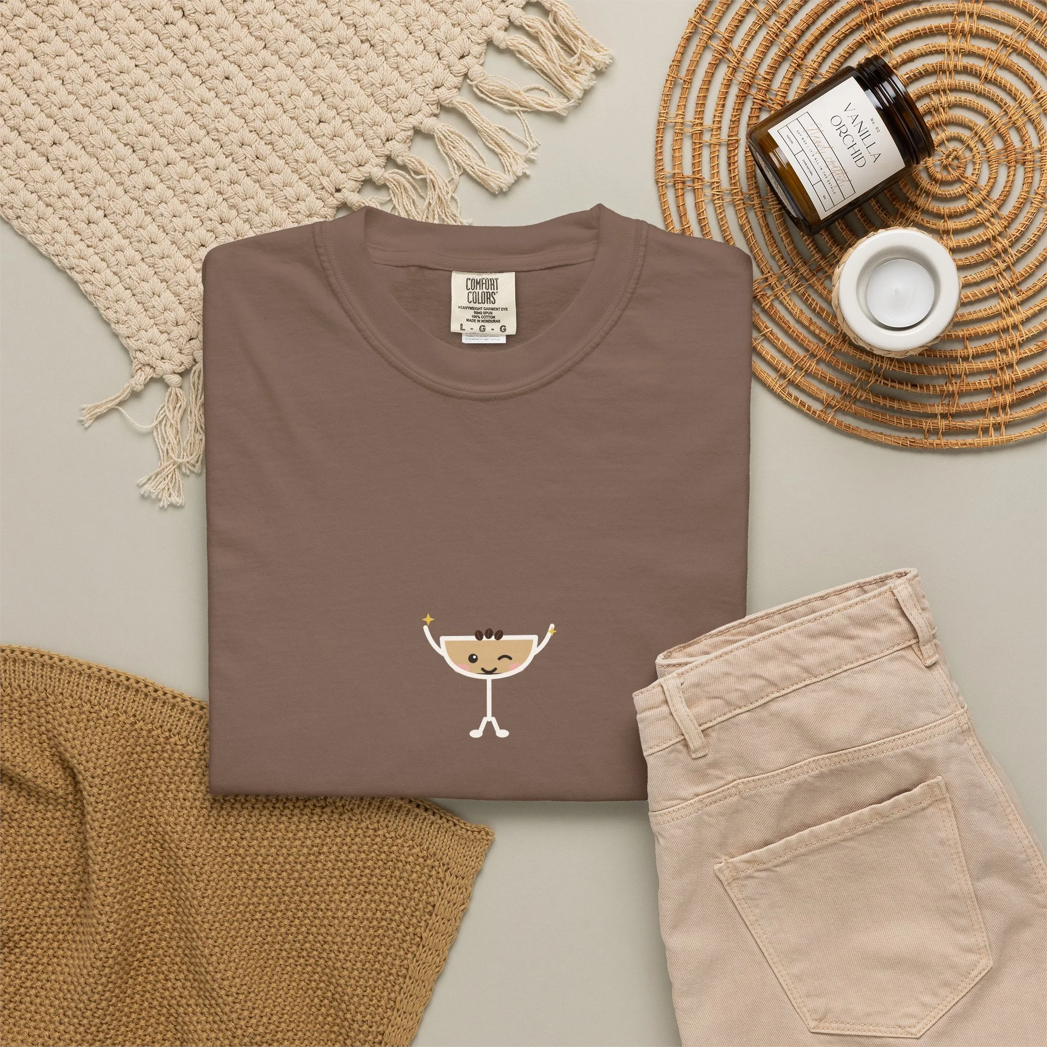 wide awake. poorly behaved. Comfort Colors tee in Espresso, detail view