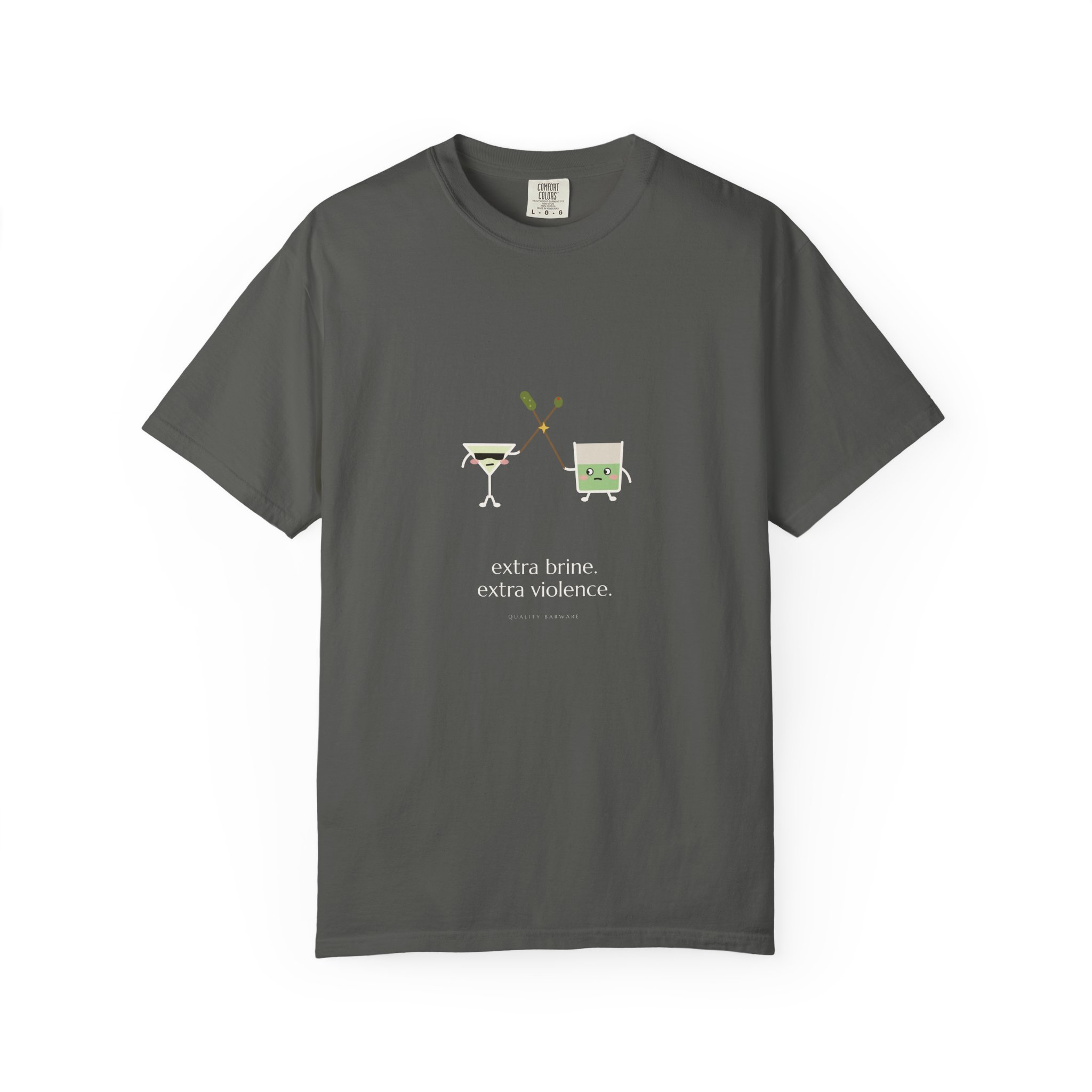 extra brine. extra violence. Comfort Colors tee in Pepper, martini and pickle-brine rocks glass dueling with cocktail picks, Lil Pours by Quality Barware