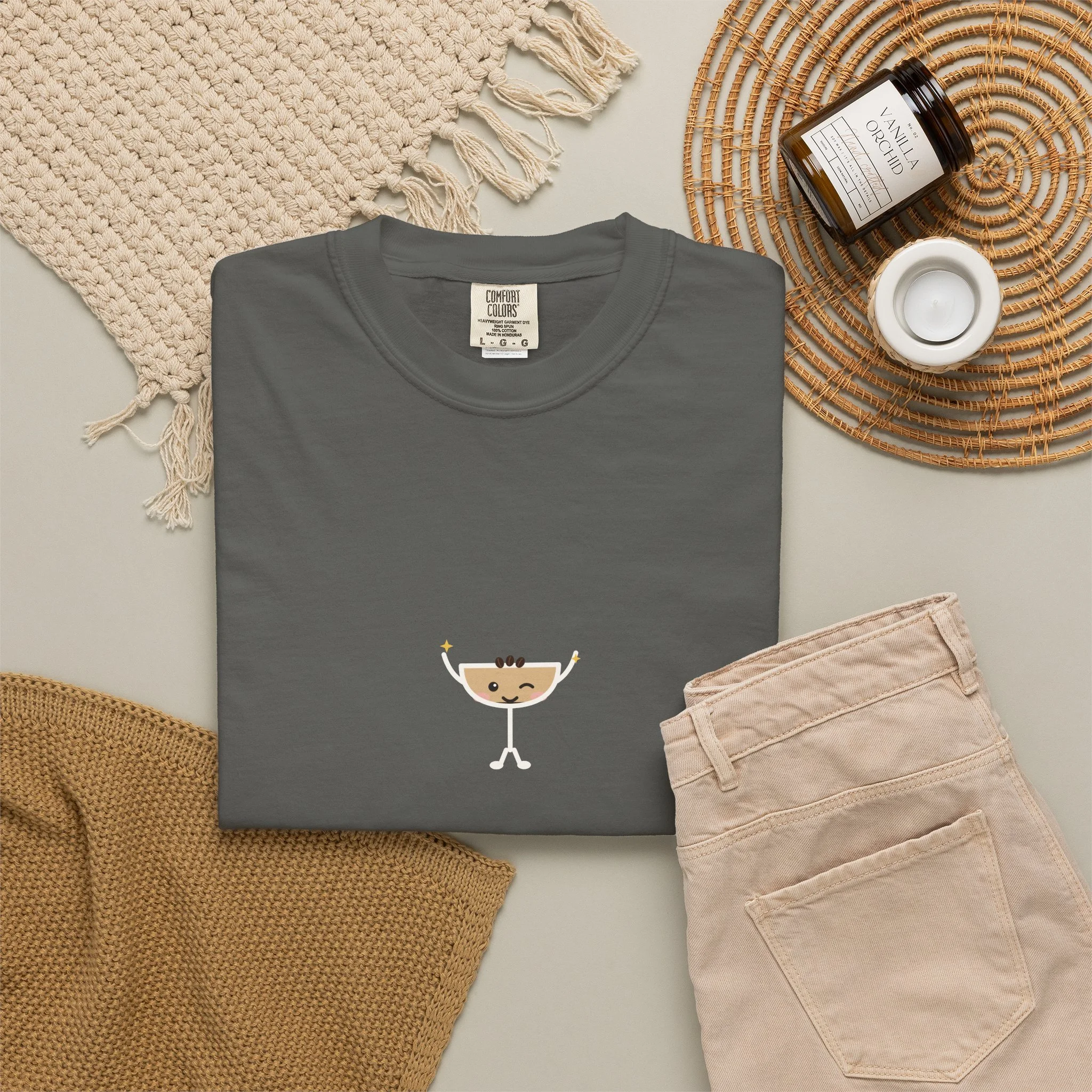 wide awake. poorly behaved. Comfort Colors tee in Pepper, detail view