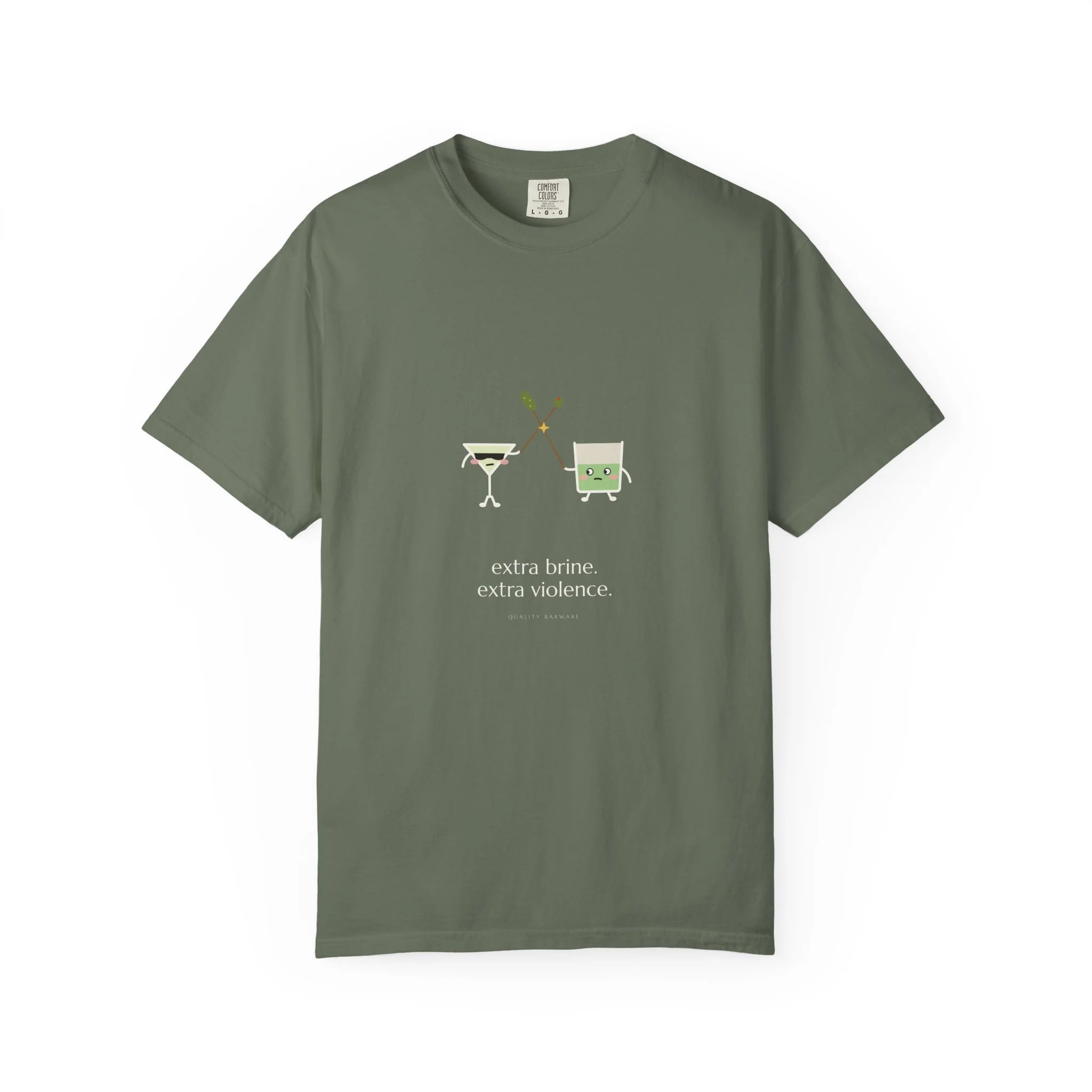 extra brine. extra violence. Comfort Colors tee in Moss, martini and pickle-brine rocks glass dueling with cocktail picks, Lil Pours by Quality Barware