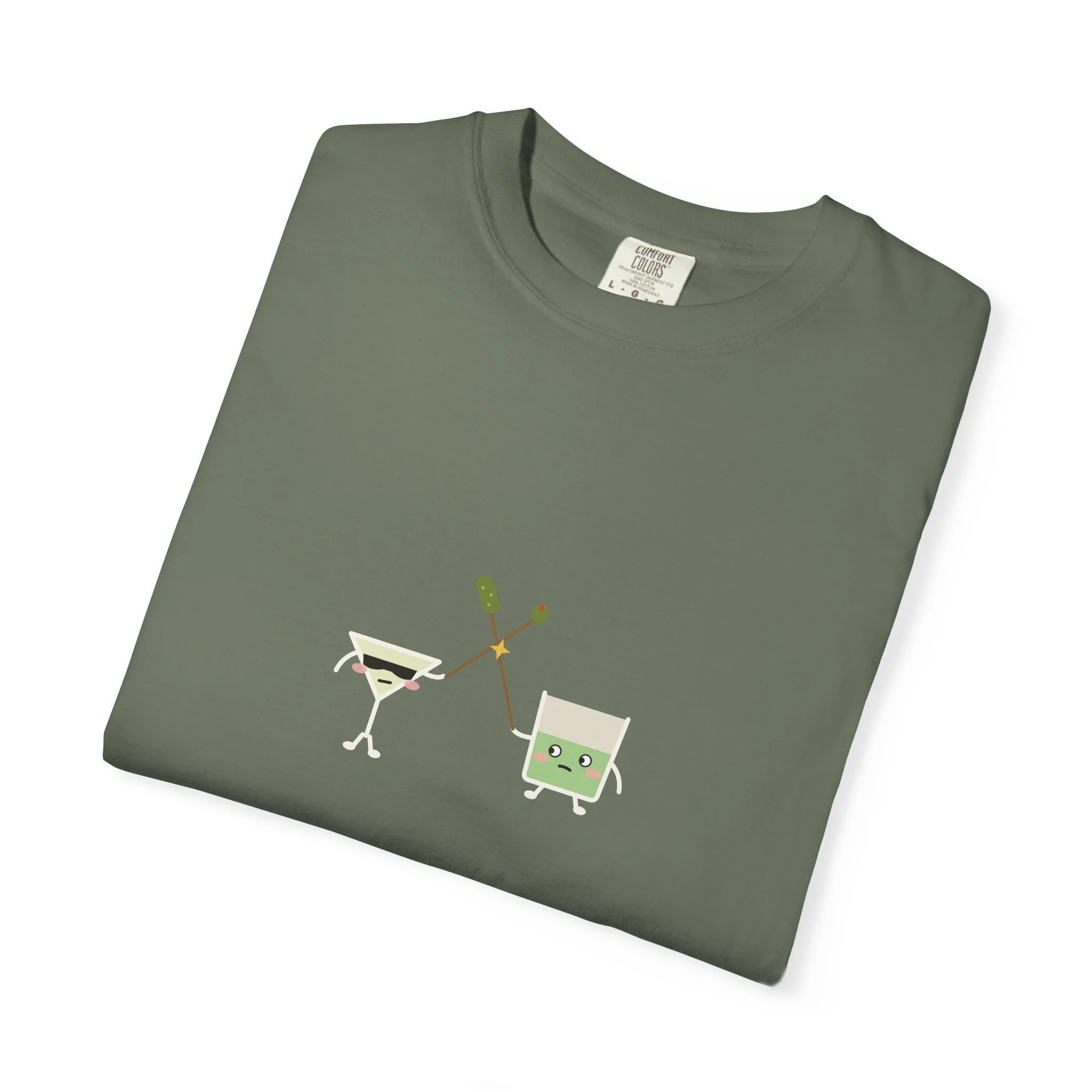 extra brine. extra violence. Comfort Colors tee in Moss, detail view