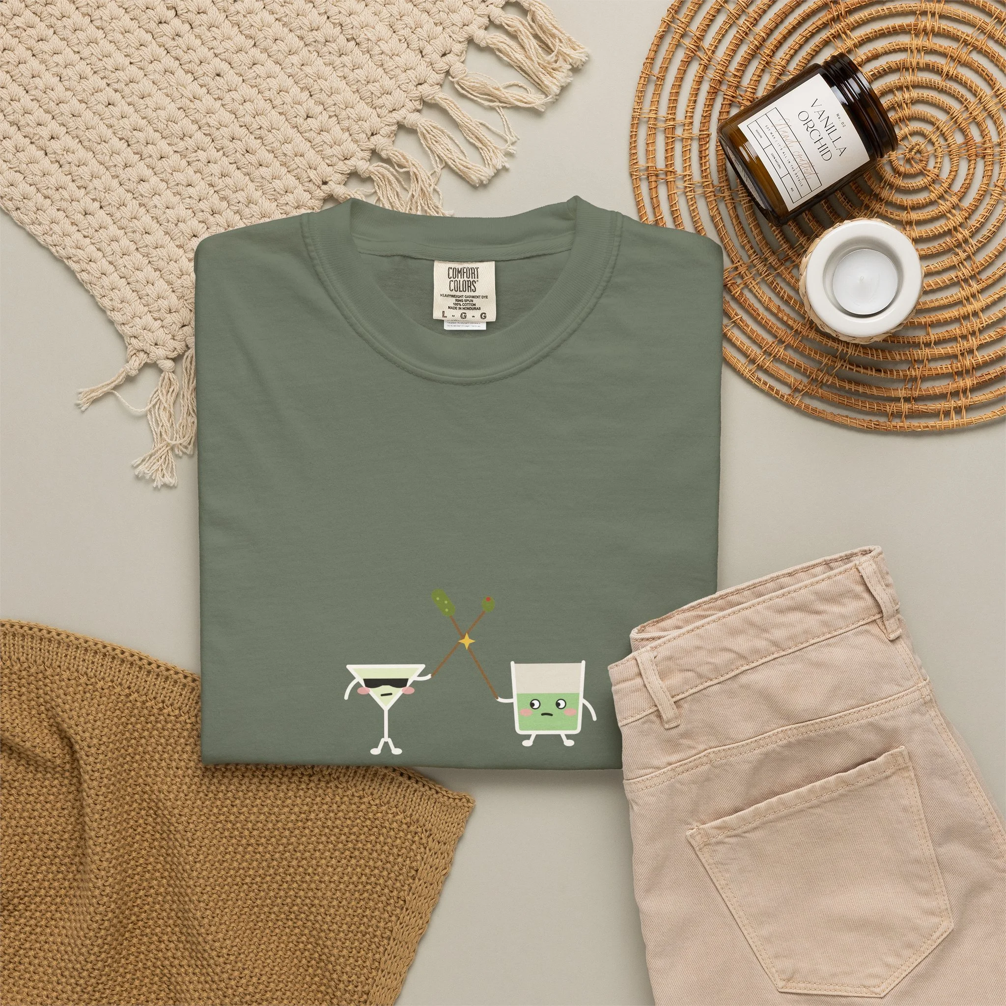 extra brine. extra violence. Comfort Colors tee in Moss, detail view