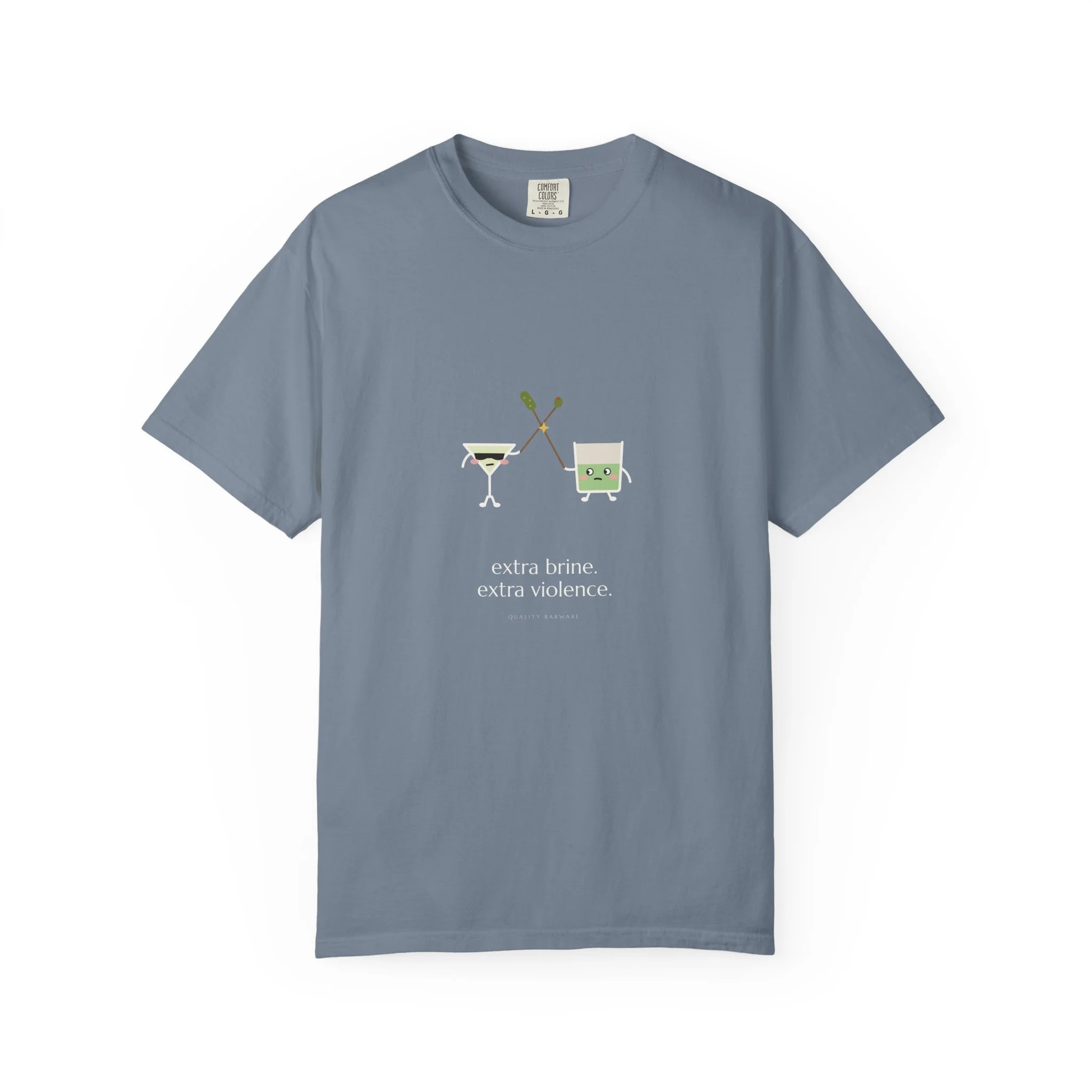 extra brine. extra violence. Comfort Colors tee in Blue Jean, martini and pickle-brine rocks glass dueling with cocktail picks, Lil Pours by Quality Barware
