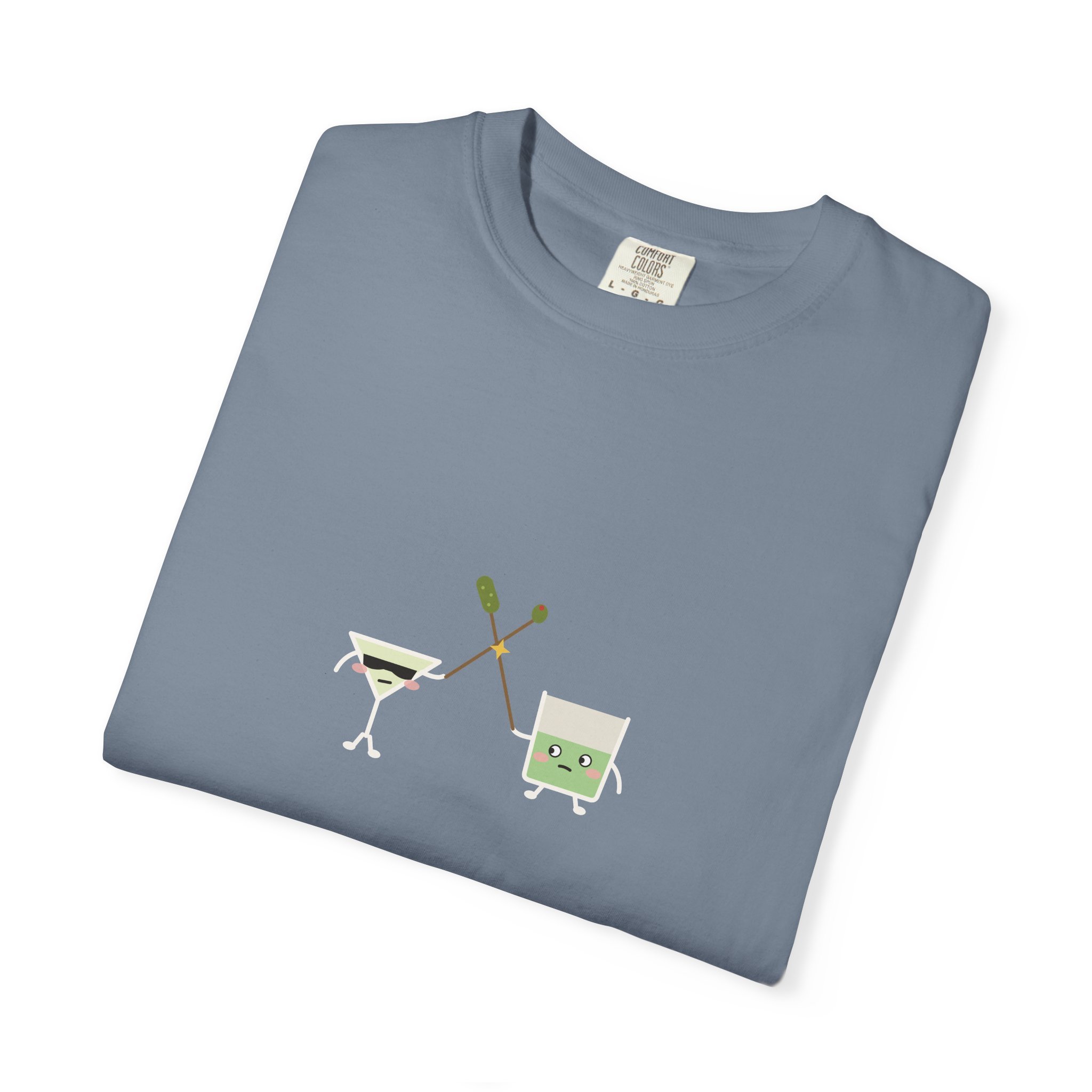 extra brine. extra violence. Comfort Colors tee in Blue Jean, detail view