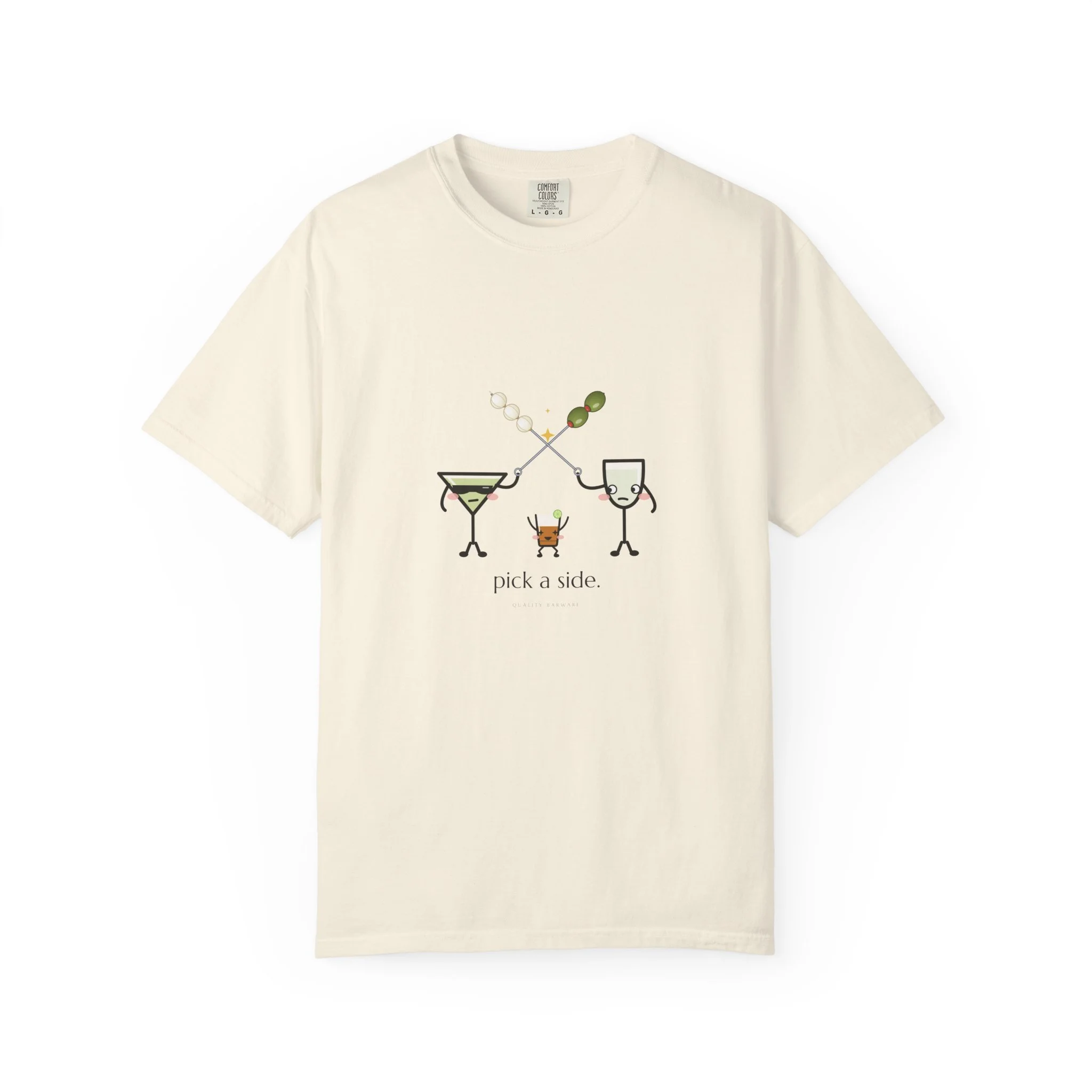 The Garnish War tee in Ivory, dirty martini and Gibson crossing cocktail picks, Lil Pours by Quality Barware