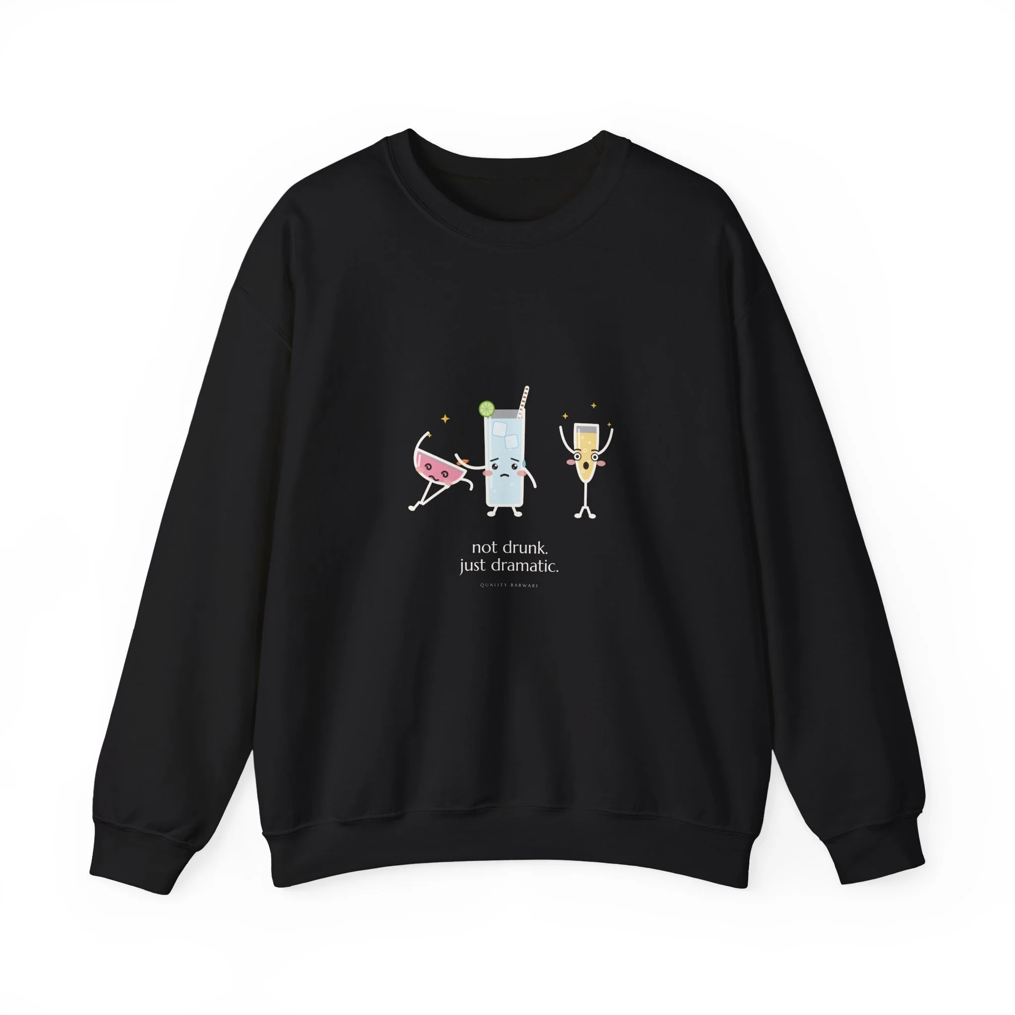 The Fainting Cosmo crewneck sweatshirt in Black, cosmo fainting into a highball's arms while a champagne flute gasps, Lil Pours by Quality Barware