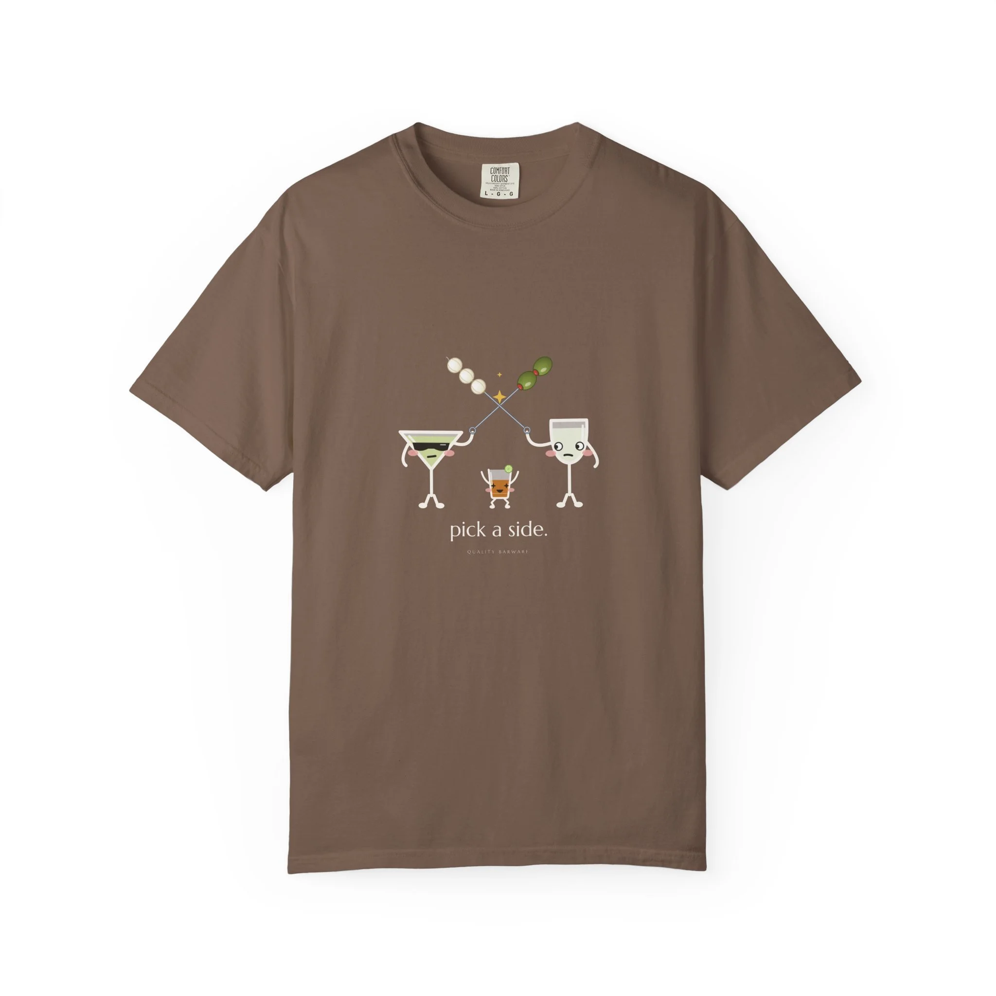 The Garnish War tee in Espresso, dirty martini and Gibson crossing cocktail picks, Lil Pours by Quality Barware