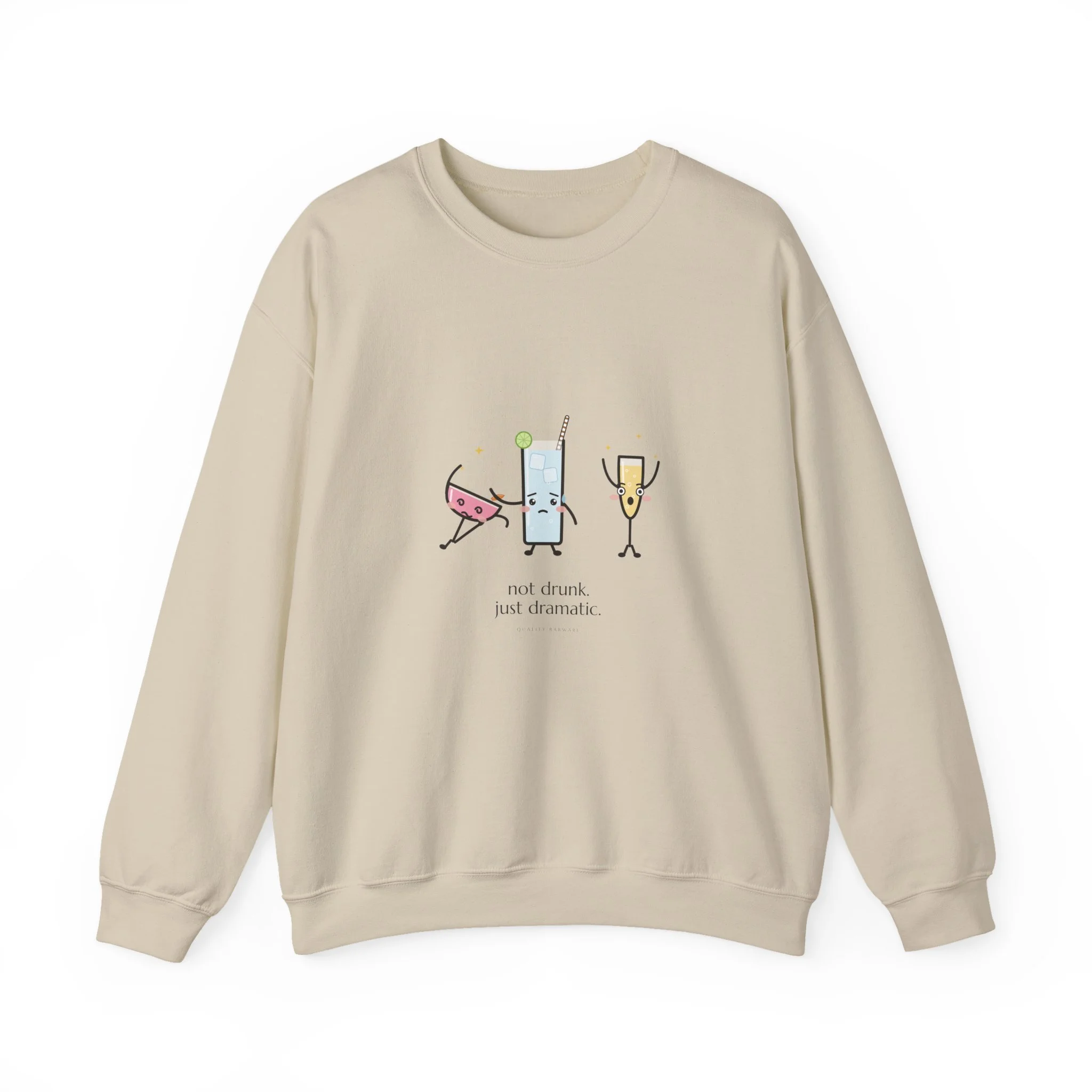 The Fainting Cosmo crewneck sweatshirt in Sand, cosmo fainting into a highball's arms while a champagne flute gasps, Lil Pours by Quality Barware