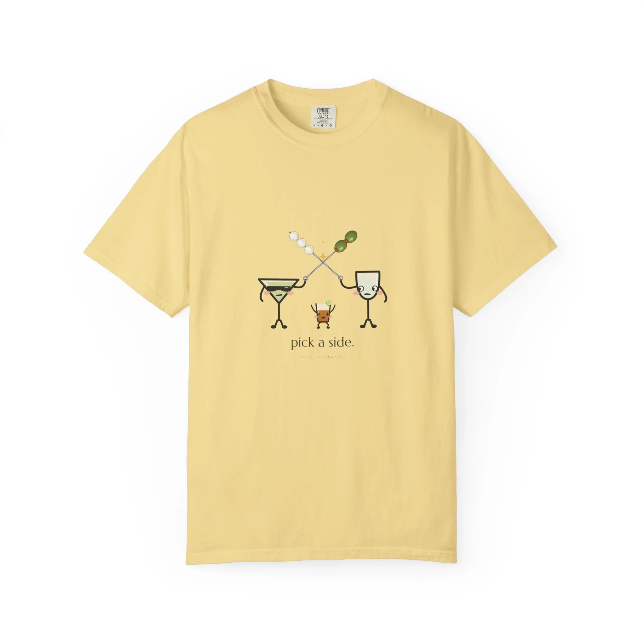 The Garnish War tee in Butter, dirty martini and Gibson crossing cocktail picks, Lil Pours by Quality Barware