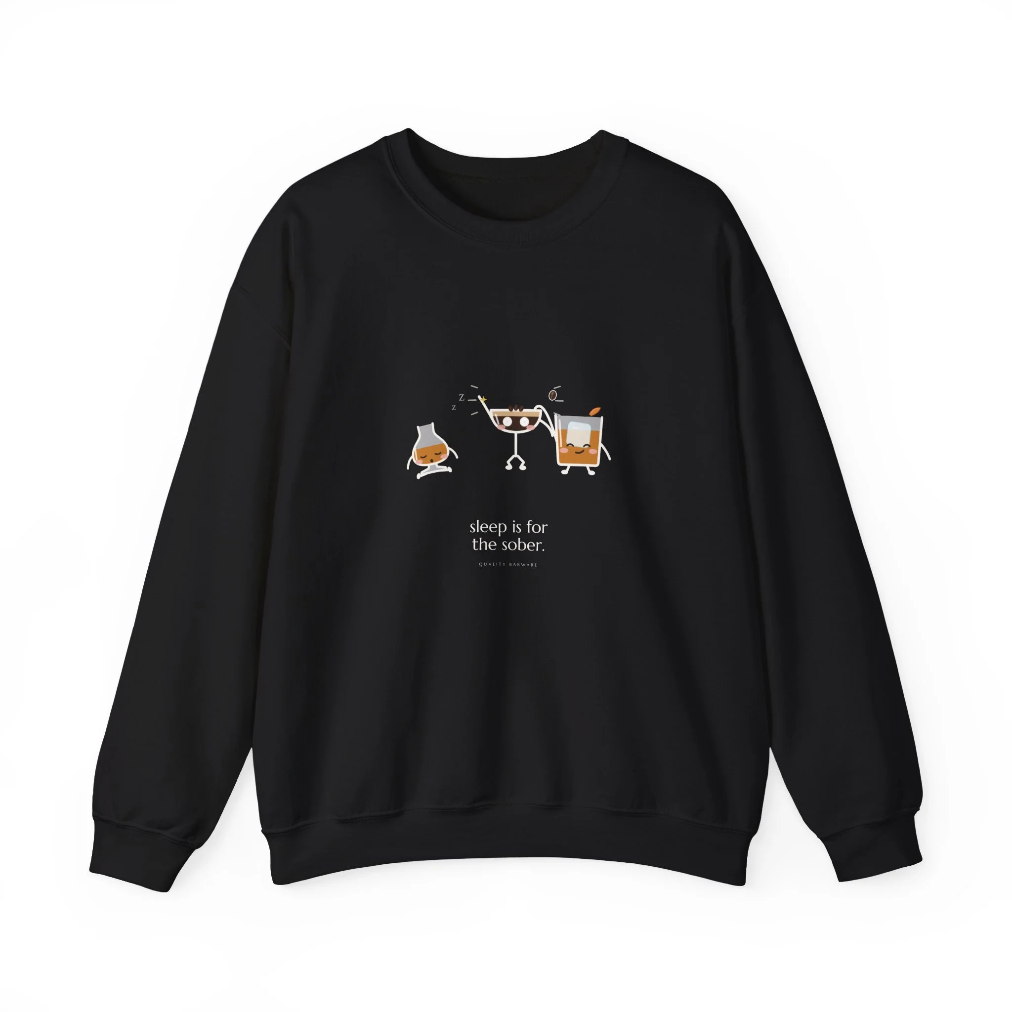 After Hours crewneck sweatshirt in Black, wide awake espresso martini, an old fashioned, and a bourbon asleep sitting up, Lil Pours by Quality Barware