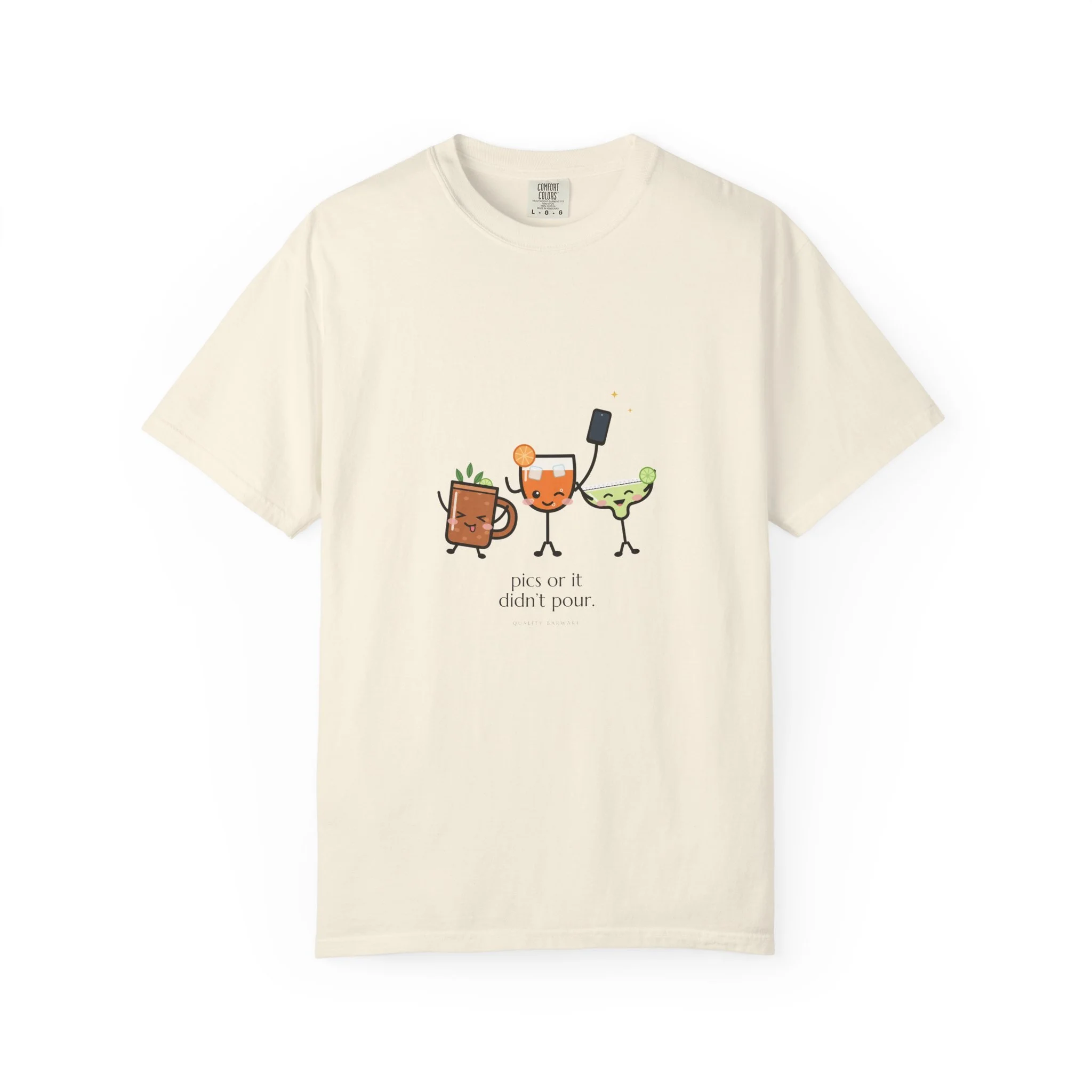 The Photo Round tee in Ivory, spritz, margarita, and copper mule crowding into a group selfie, Lil Pours by Quality Barware