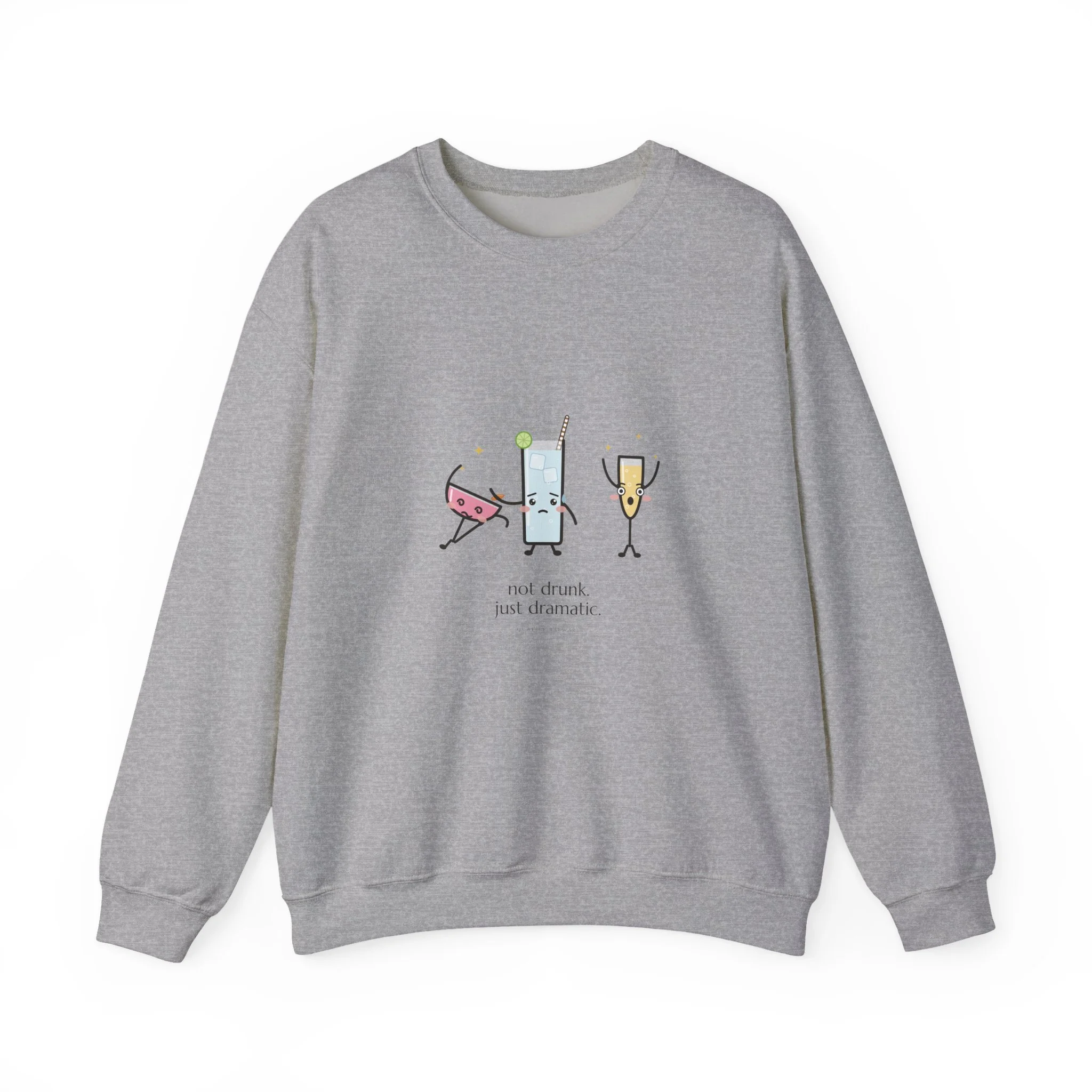 The Fainting Cosmo crewneck sweatshirt in Sport Grey, cosmo fainting into a highball's arms while a champagne flute gasps, Lil Pours by Quality Barware