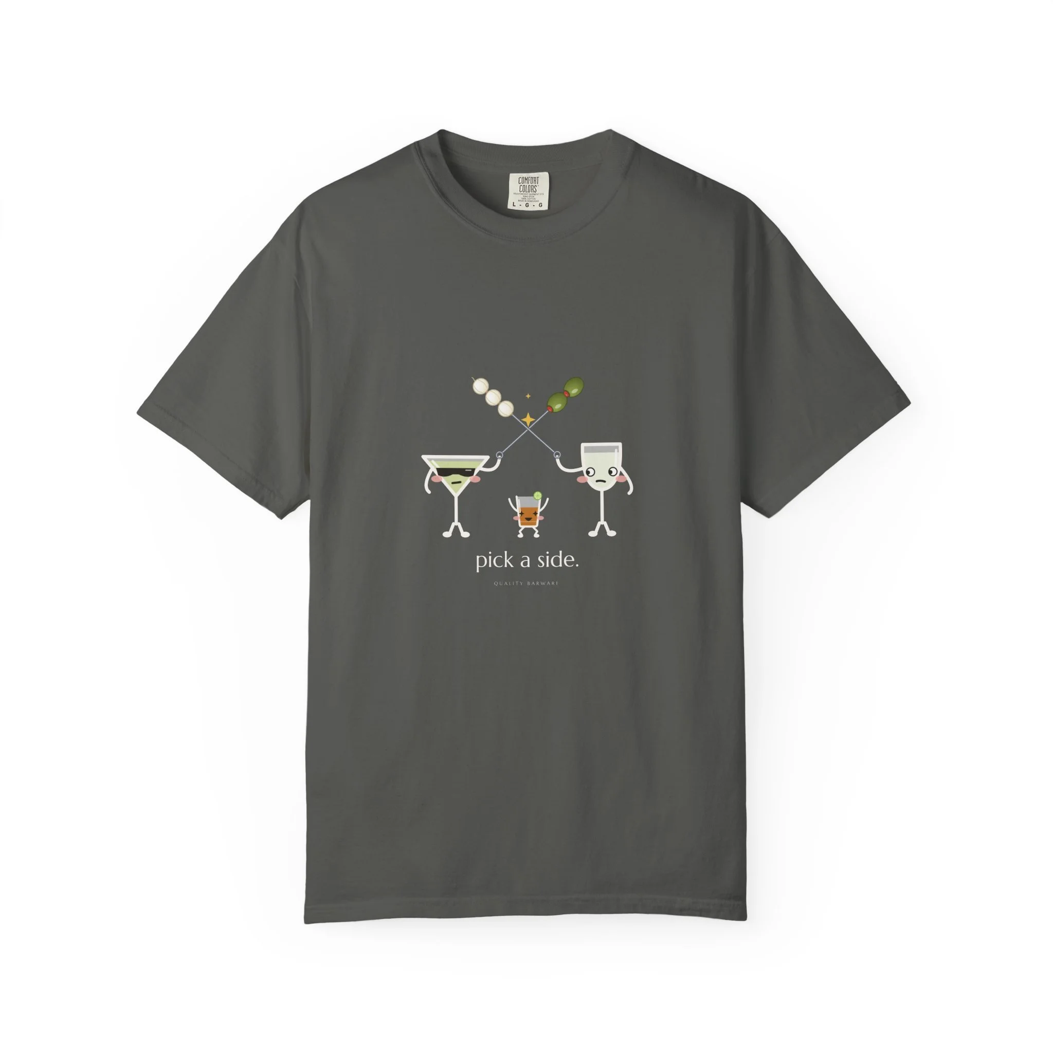 The Garnish War tee in Pepper, dirty martini and Gibson crossing cocktail picks, Lil Pours by Quality Barware