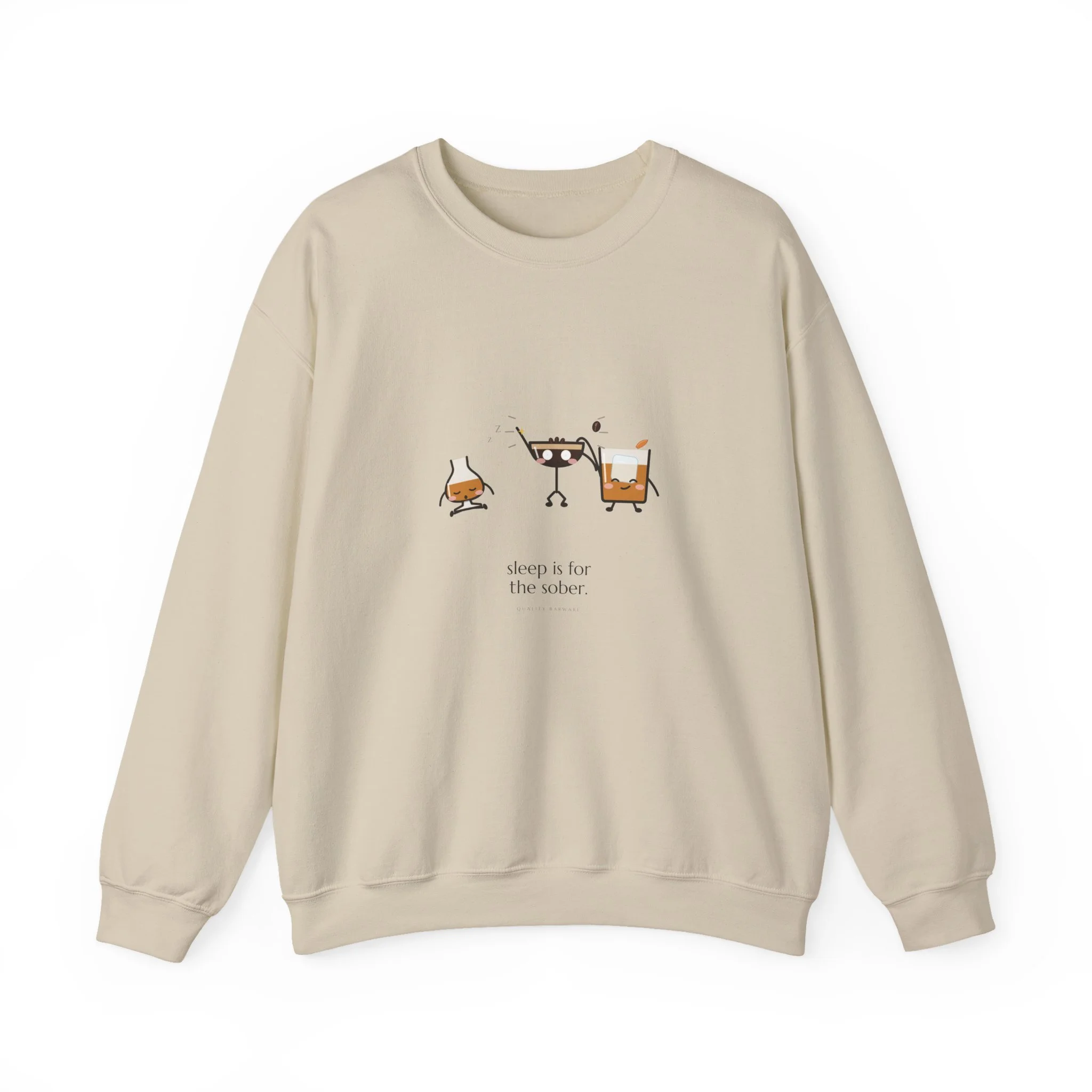 After Hours crewneck sweatshirt in Sand, wide awake espresso martini, an old fashioned, and a bourbon asleep sitting up, Lil Pours by Quality Barware