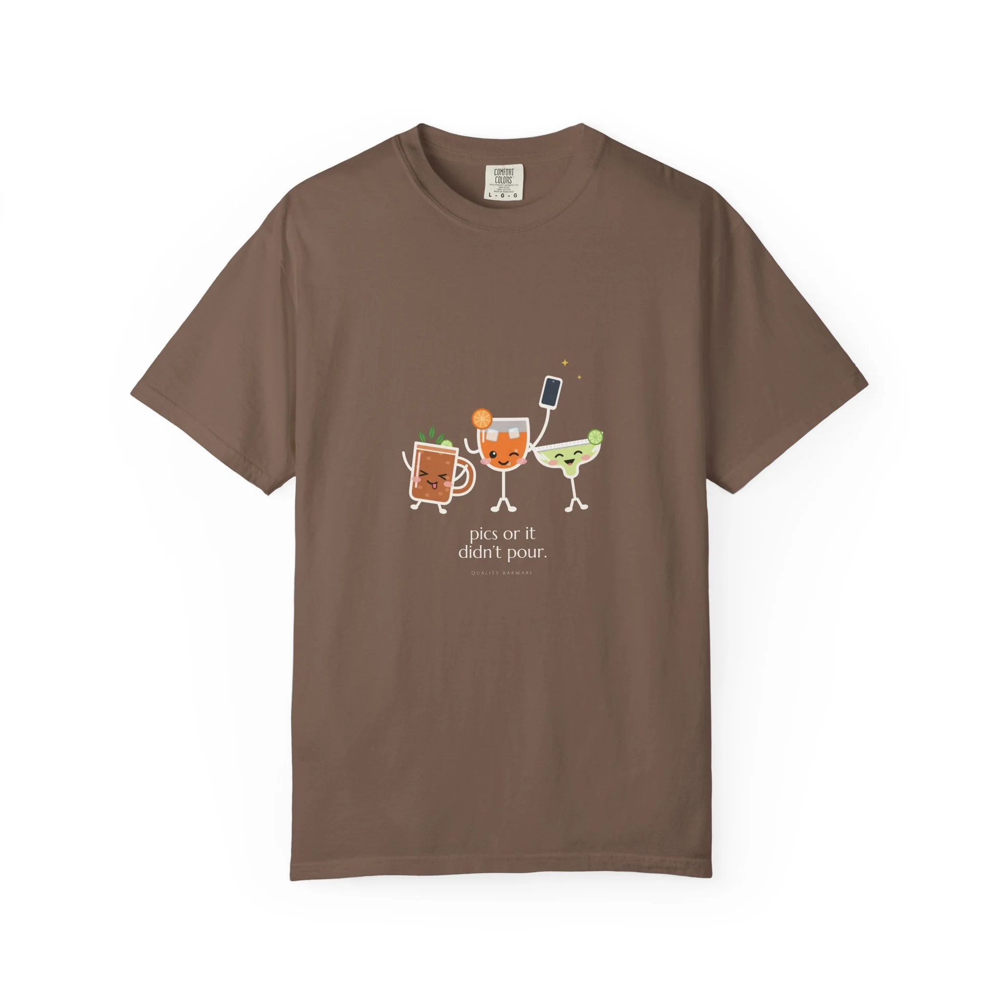 The Photo Round tee in Espresso, spritz, margarita, and copper mule crowding into a group selfie, Lil Pours by Quality Barware