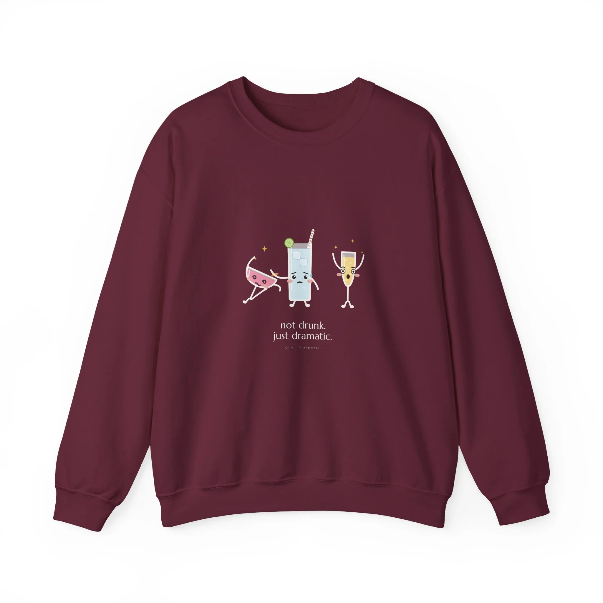 The Fainting Cosmo crewneck sweatshirt in Maroon, cosmo fainting into a highball's arms while a champagne flute gasps, Lil Pours by Quality Barware