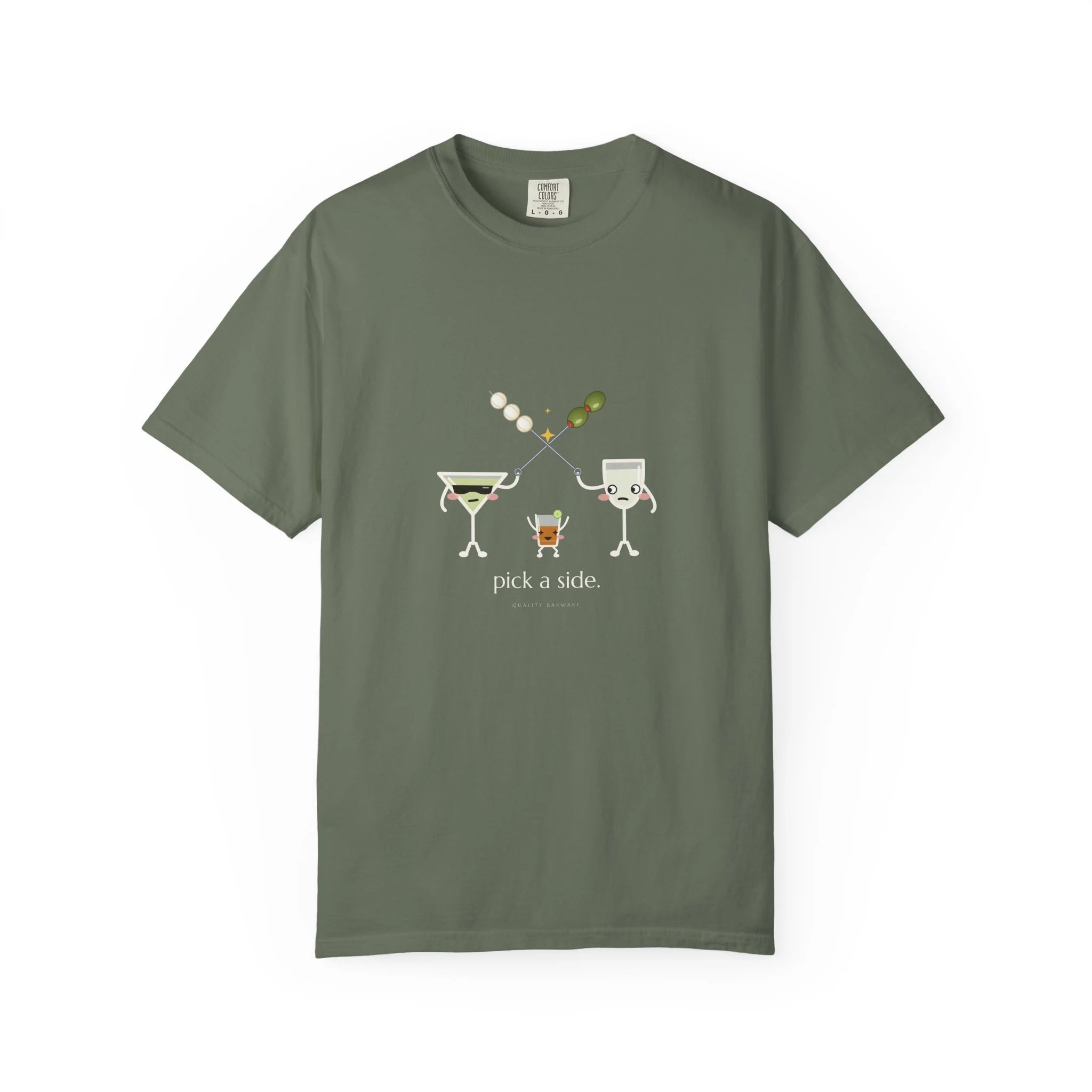 The Garnish War tee in Moss, dirty martini and Gibson crossing cocktail picks, Lil Pours by Quality Barware