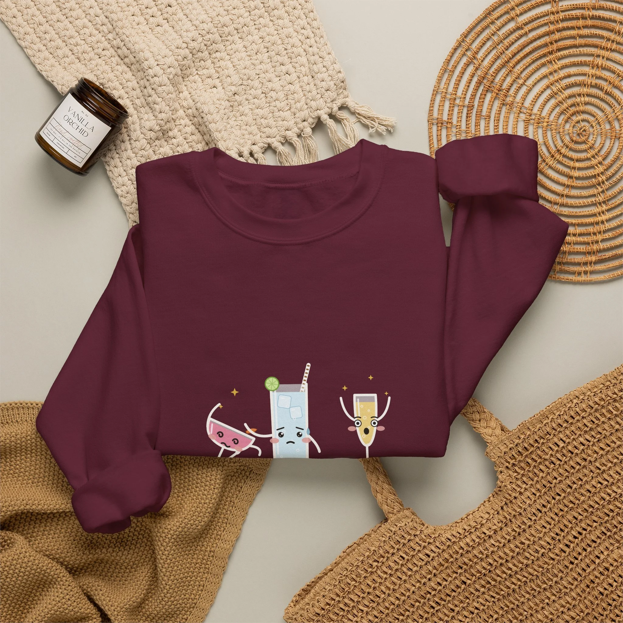 The Fainting Cosmo crewneck sweatshirt in Maroon, detail view