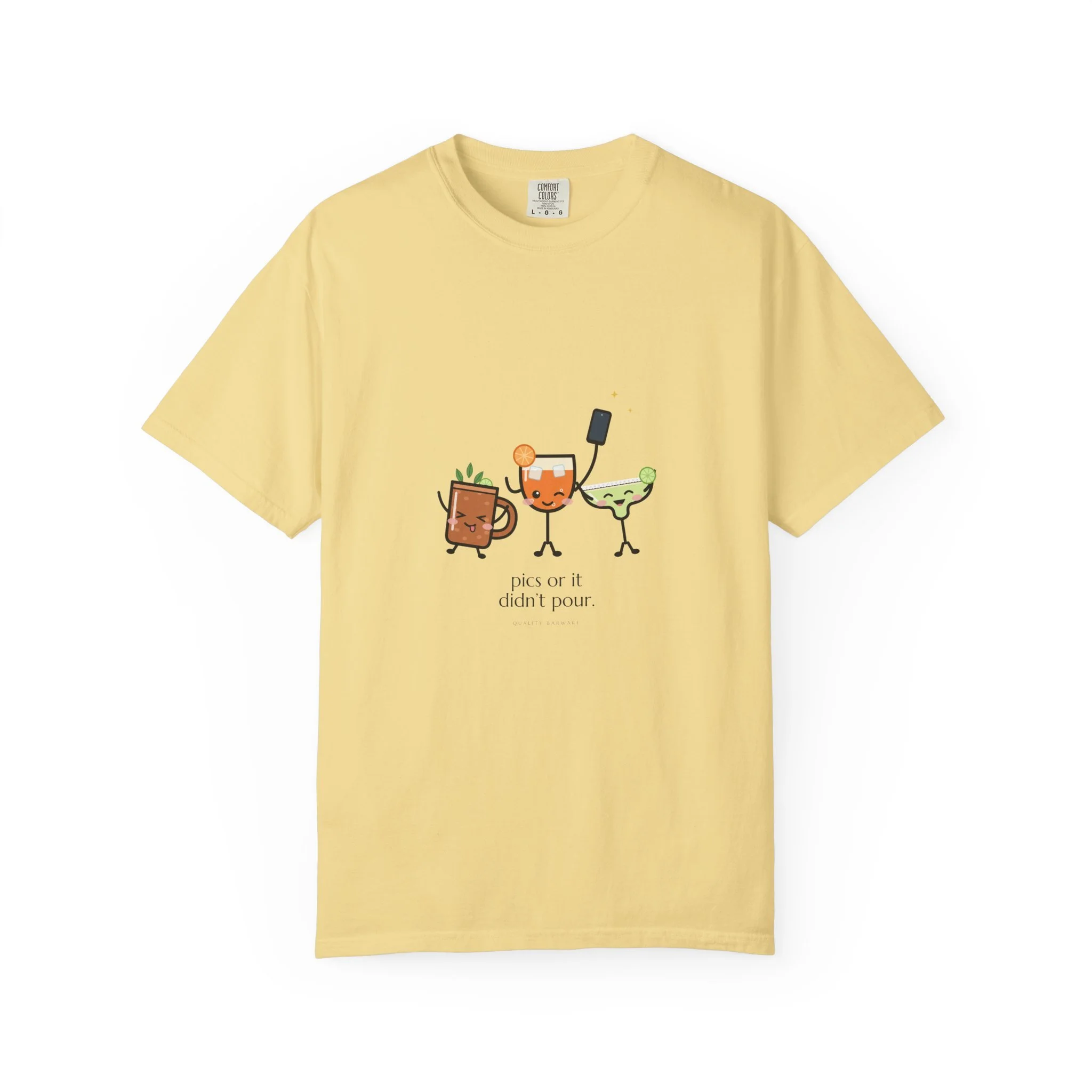The Photo Round tee in Butter, spritz, margarita, and copper mule crowding into a group selfie, Lil Pours by Quality Barware