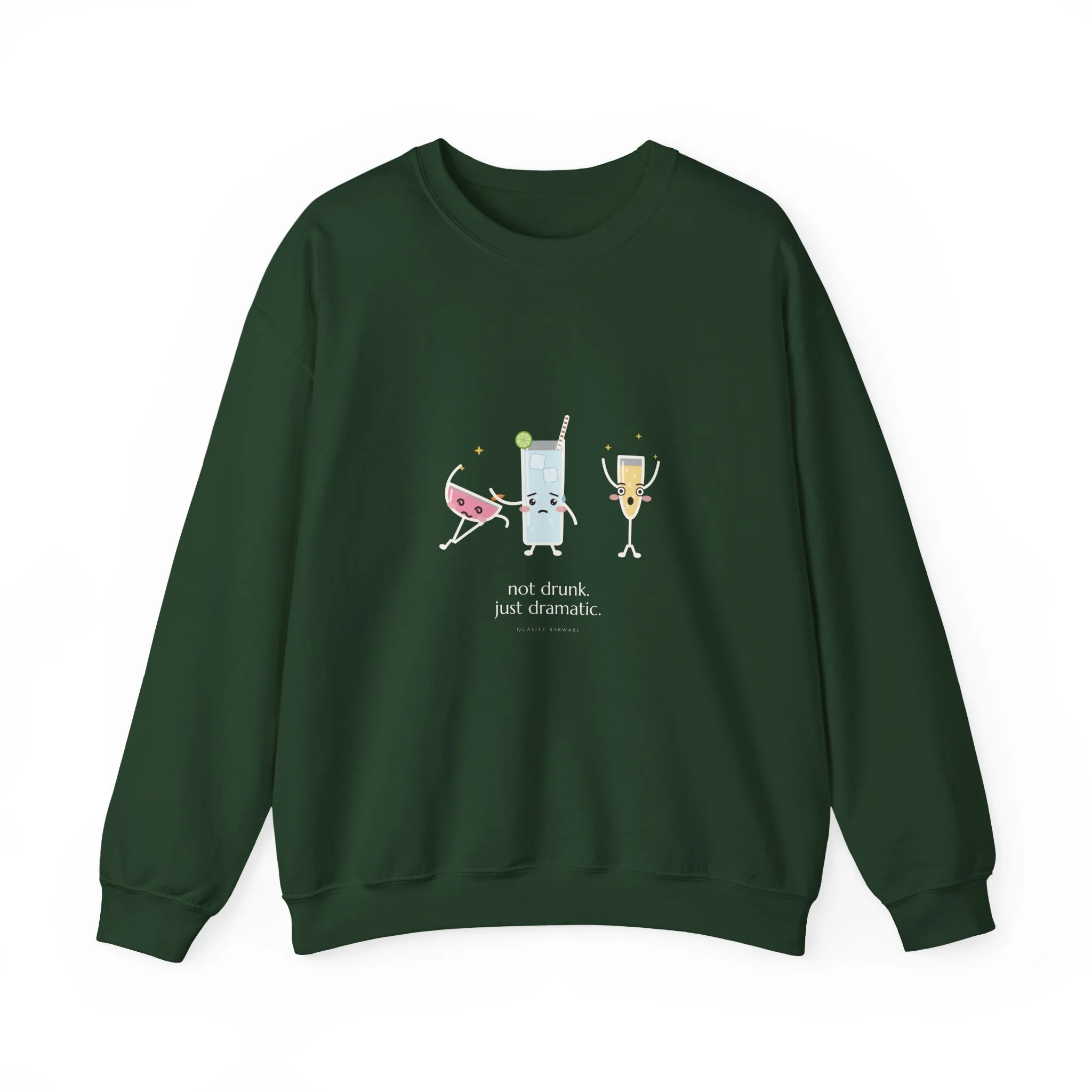 The Fainting Cosmo crewneck sweatshirt in Forest Green, cosmo fainting into a highball's arms while a champagne flute gasps, Lil Pours by Quality Barware