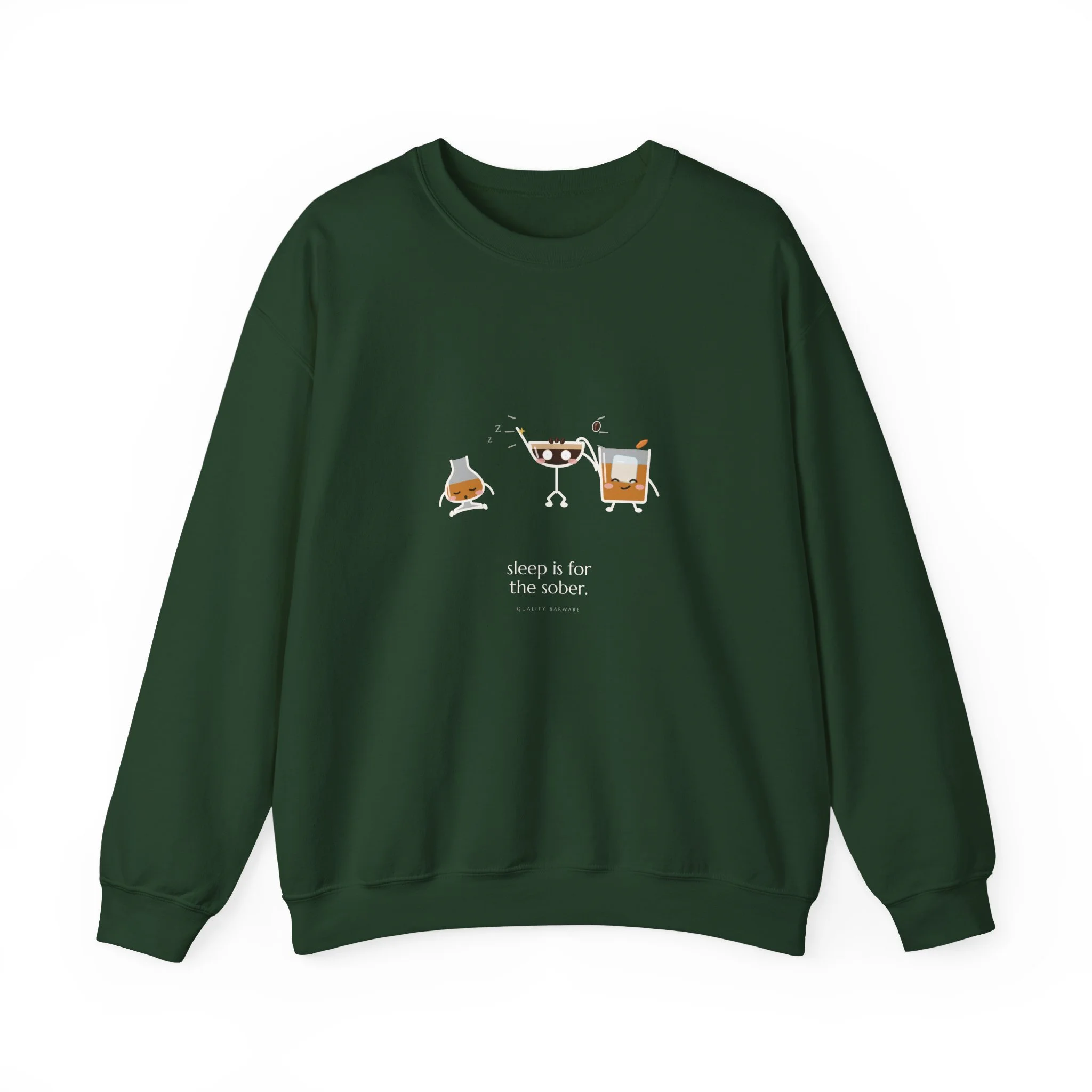 After Hours crewneck sweatshirt in Forest Green, wide awake espresso martini, an old fashioned, and a bourbon asleep sitting up, Lil Pours by Quality Barware