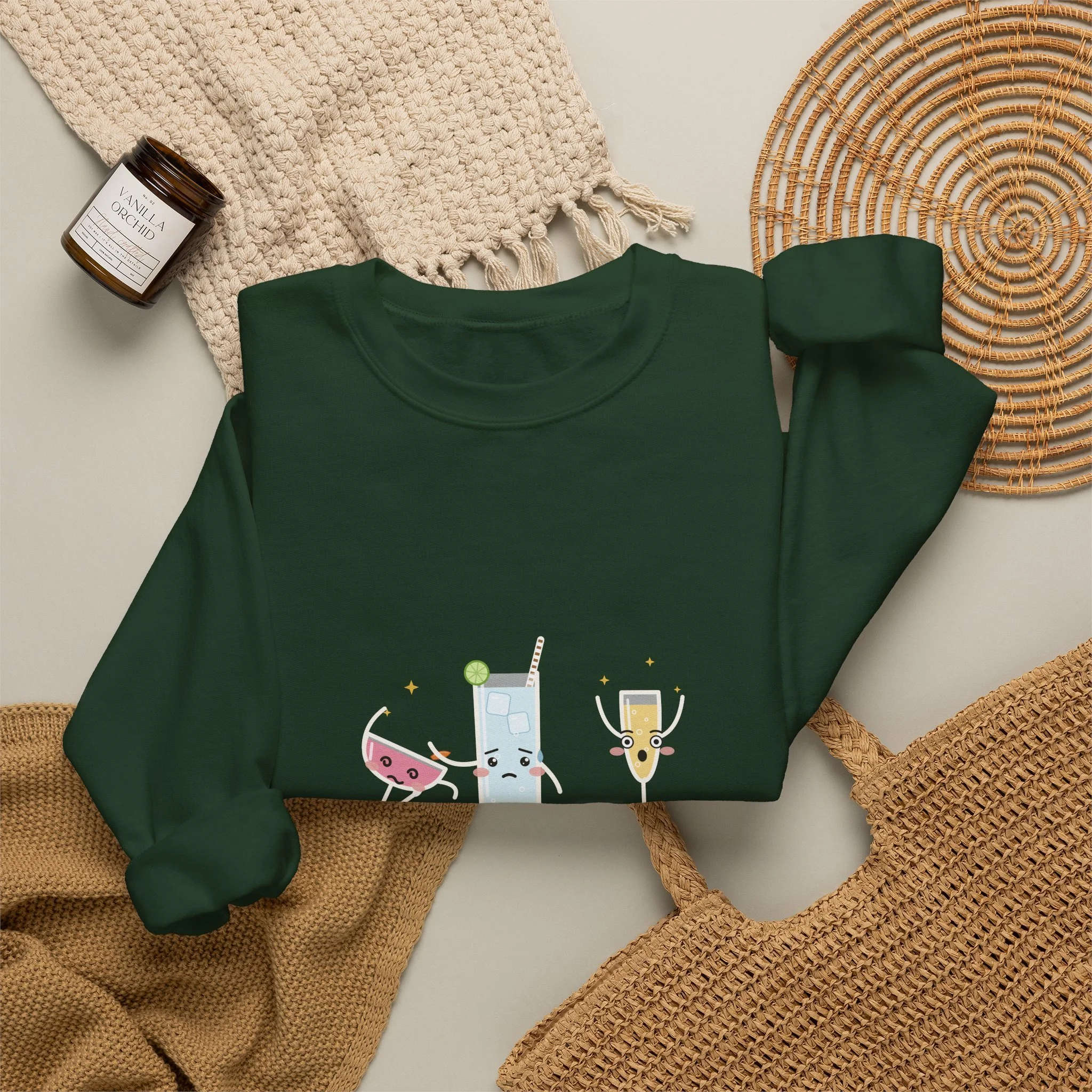 The Fainting Cosmo crewneck sweatshirt in Forest Green, detail view