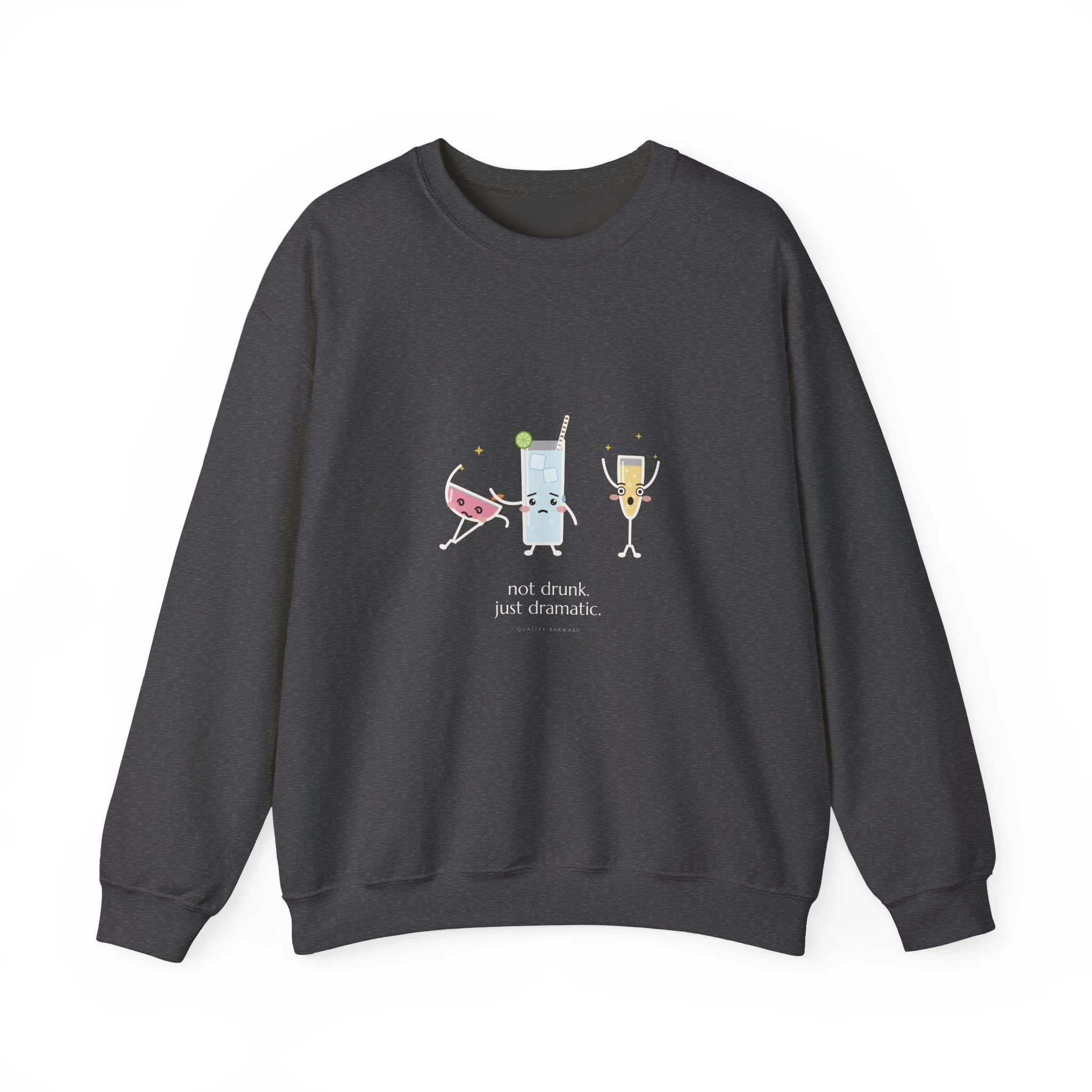 The Fainting Cosmo crewneck sweatshirt in Dark Heather, cosmo fainting into a highball's arms while a champagne flute gasps, Lil Pours by Quality Barware