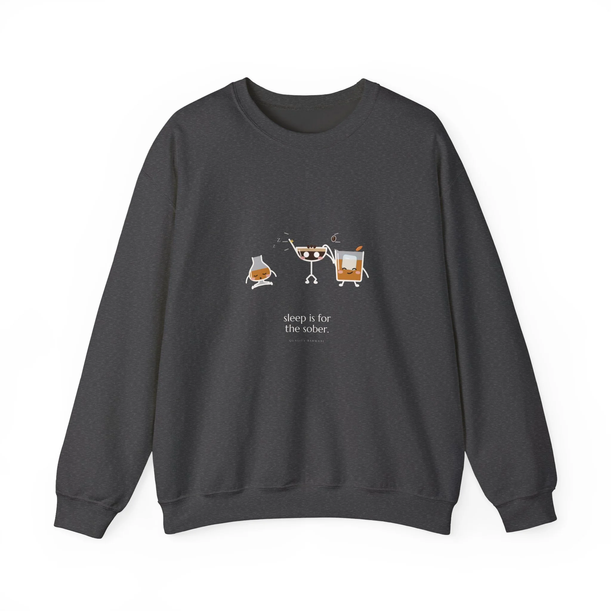After Hours crewneck sweatshirt in Dark Heather, wide awake espresso martini, an old fashioned, and a bourbon asleep sitting up, Lil Pours by Quality Barware