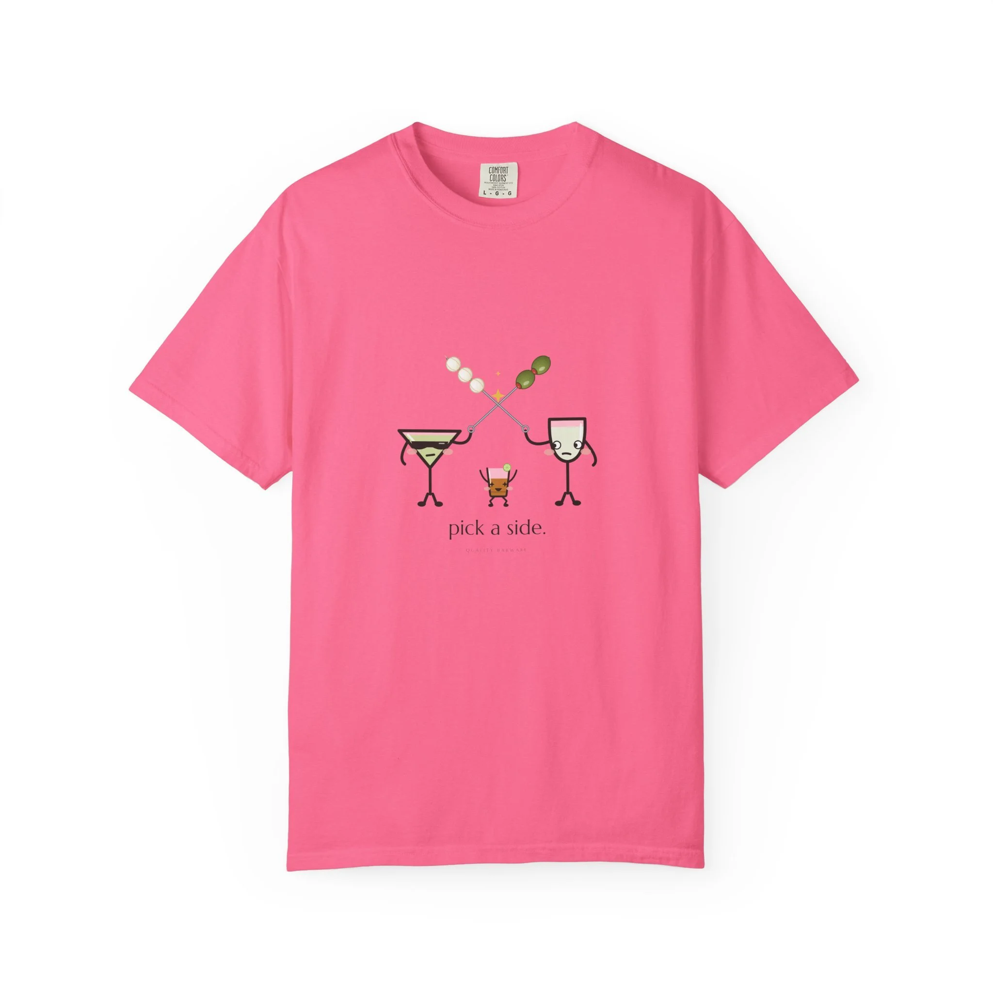 The Garnish War tee in Crunchberry, dirty martini and Gibson crossing cocktail picks, Lil Pours by Quality Barware