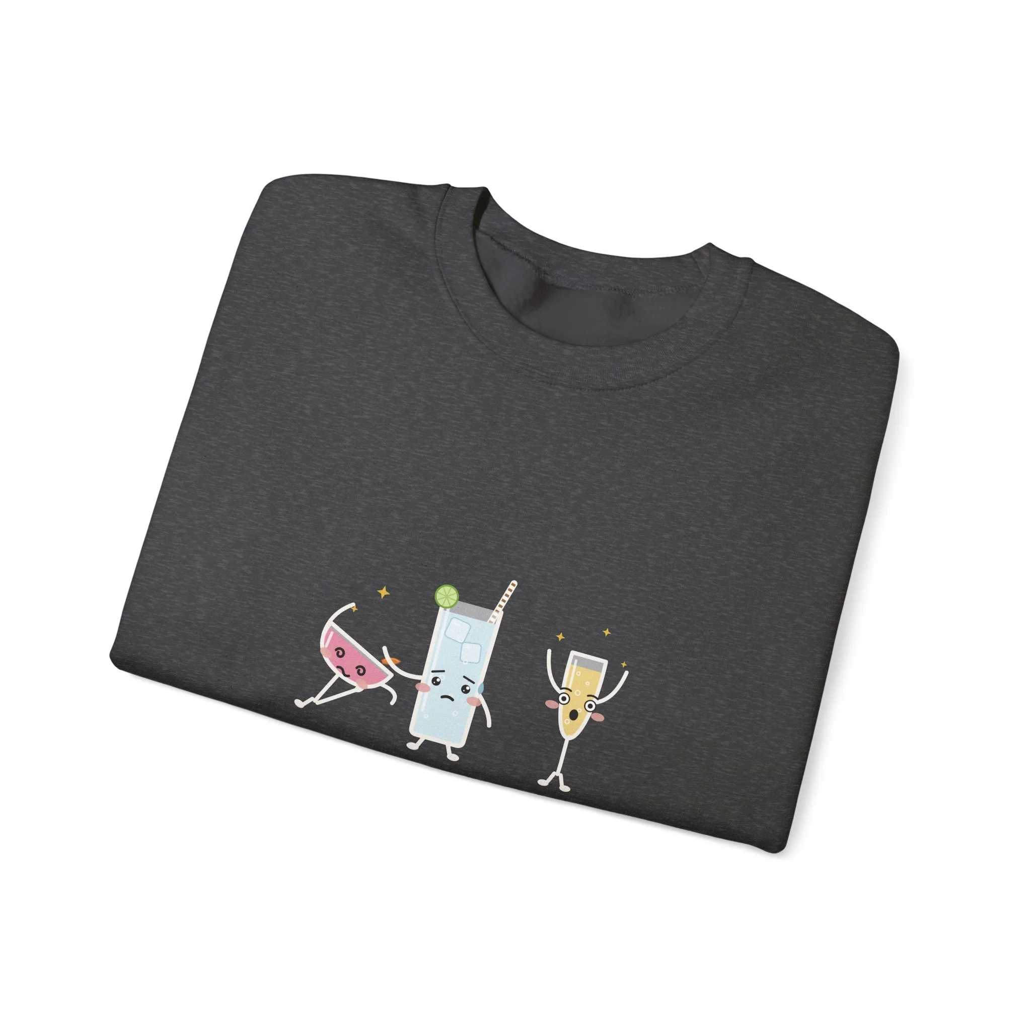 The Fainting Cosmo crewneck sweatshirt in Dark Heather, collar label view