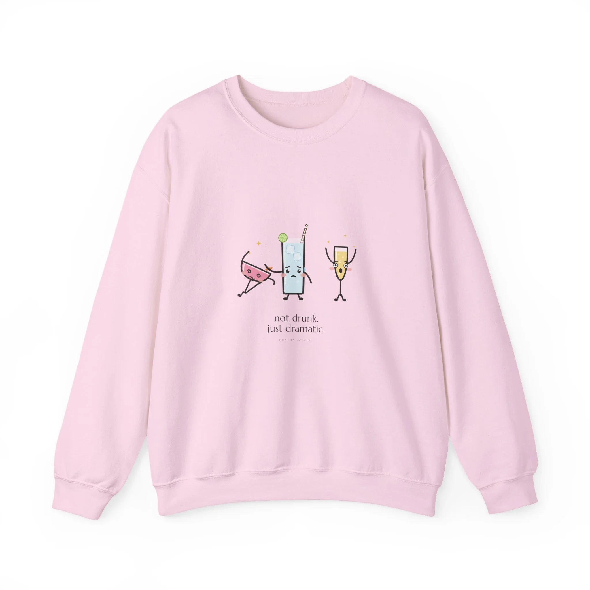 The Fainting Cosmo crewneck sweatshirt in Light Pink, cosmo fainting into a highball's arms while a champagne flute gasps, Lil Pours by Quality Barware