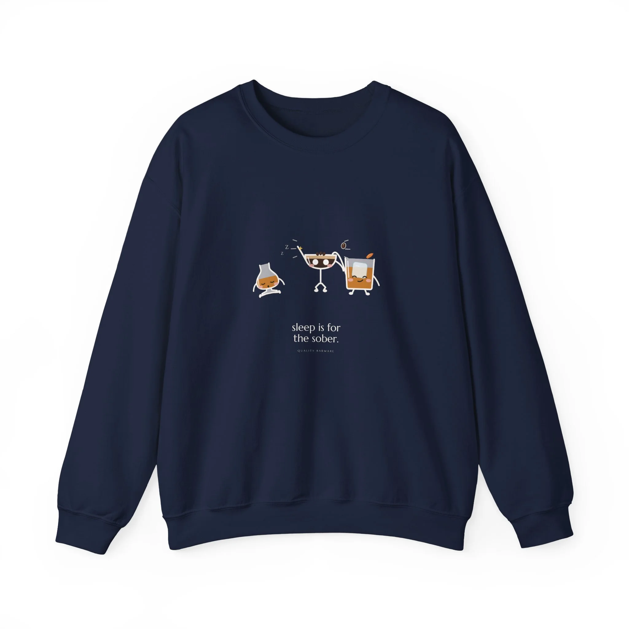 After Hours crewneck sweatshirt in Navy, wide awake espresso martini, an old fashioned, and a bourbon asleep sitting up, Lil Pours by Quality Barware