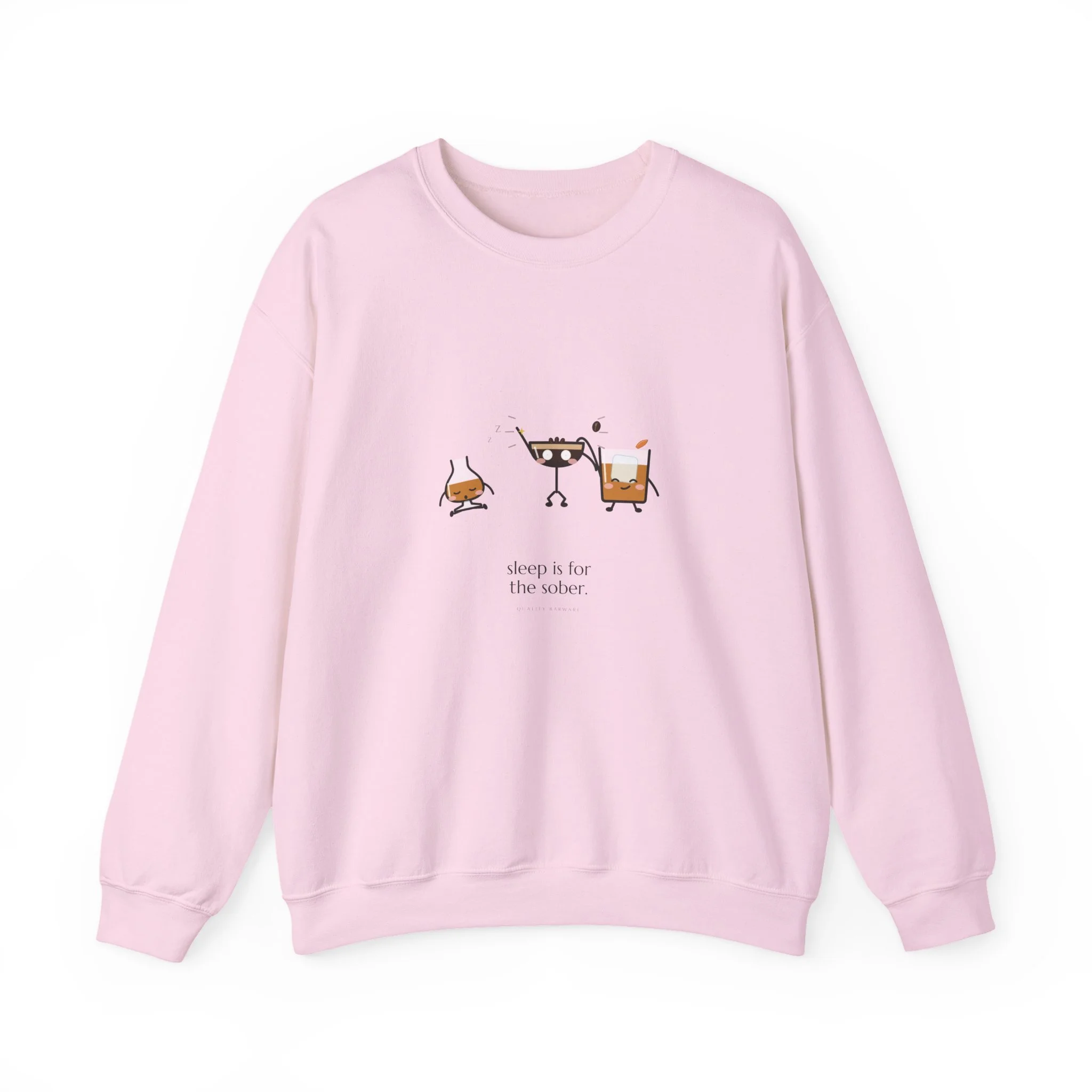 After Hours crewneck sweatshirt in Light Pink, wide awake espresso martini, an old fashioned, and a bourbon asleep sitting up, Lil Pours by Quality Barware