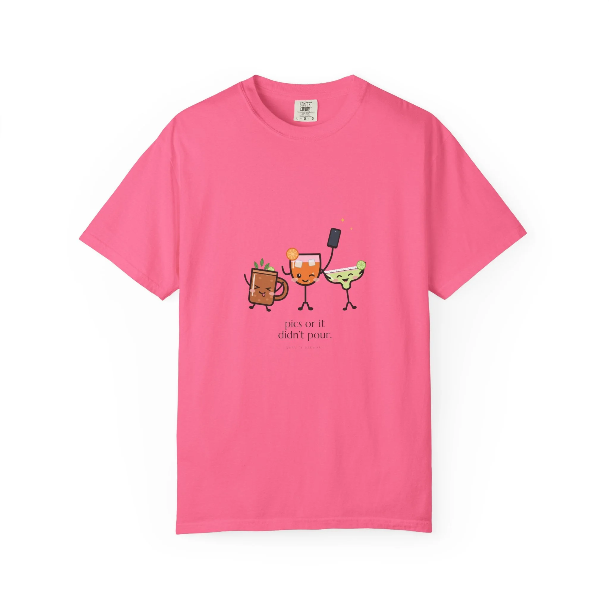 The Photo Round tee in Crunchberry, spritz, margarita, and copper mule crowding into a group selfie, Lil Pours by Quality Barware