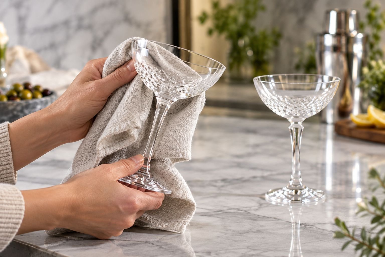 Hands supporting a cocktail glass bowl with a soft cloth while drying it
