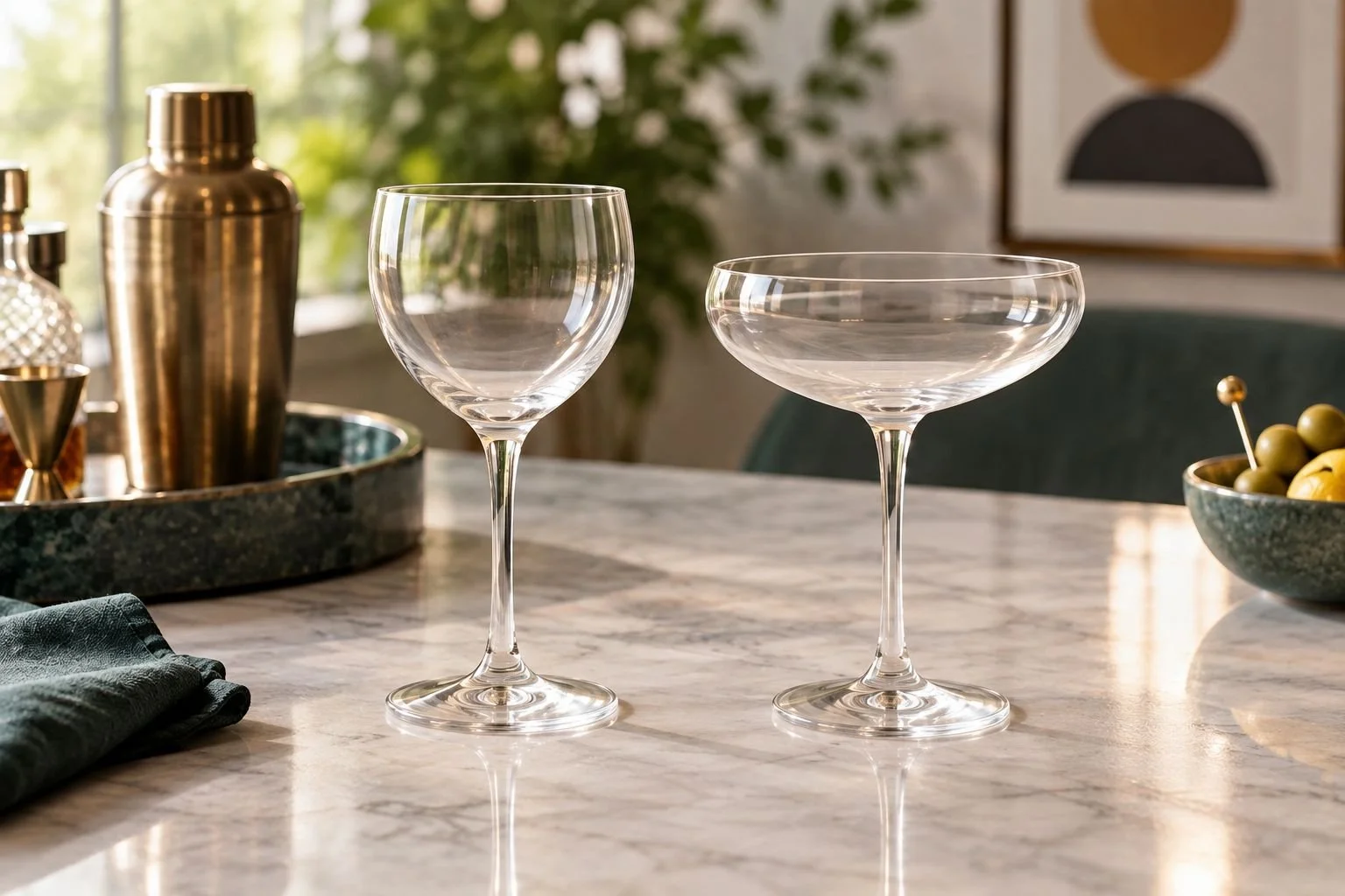 A deeper Nick and Nora bowl beside a wider, shallower coupe bowl