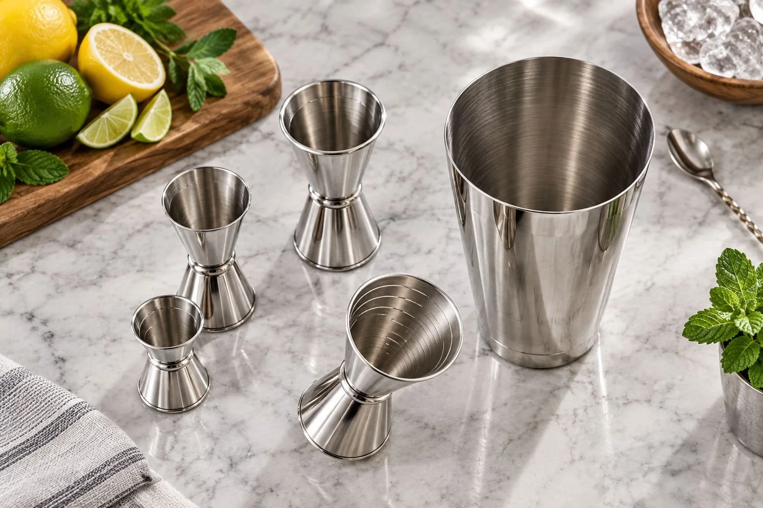 Double-ended cocktail jiggers showing interior graduation lines beside a shaker