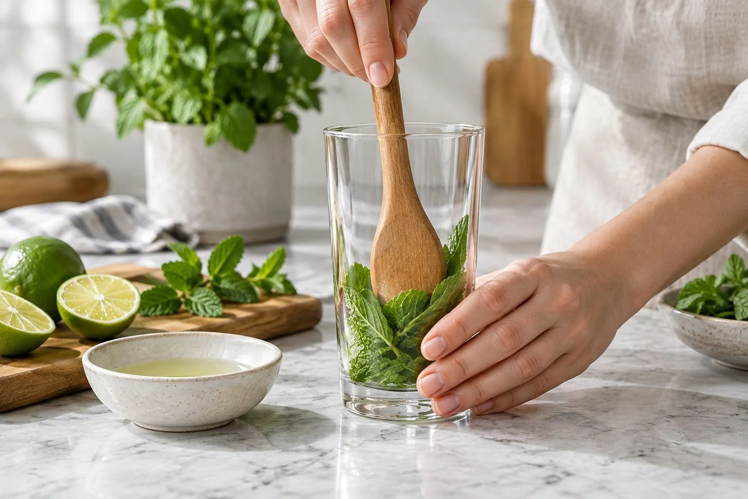 A wooden spoon gently pressing intact mint leaves in a sturdy highball glass