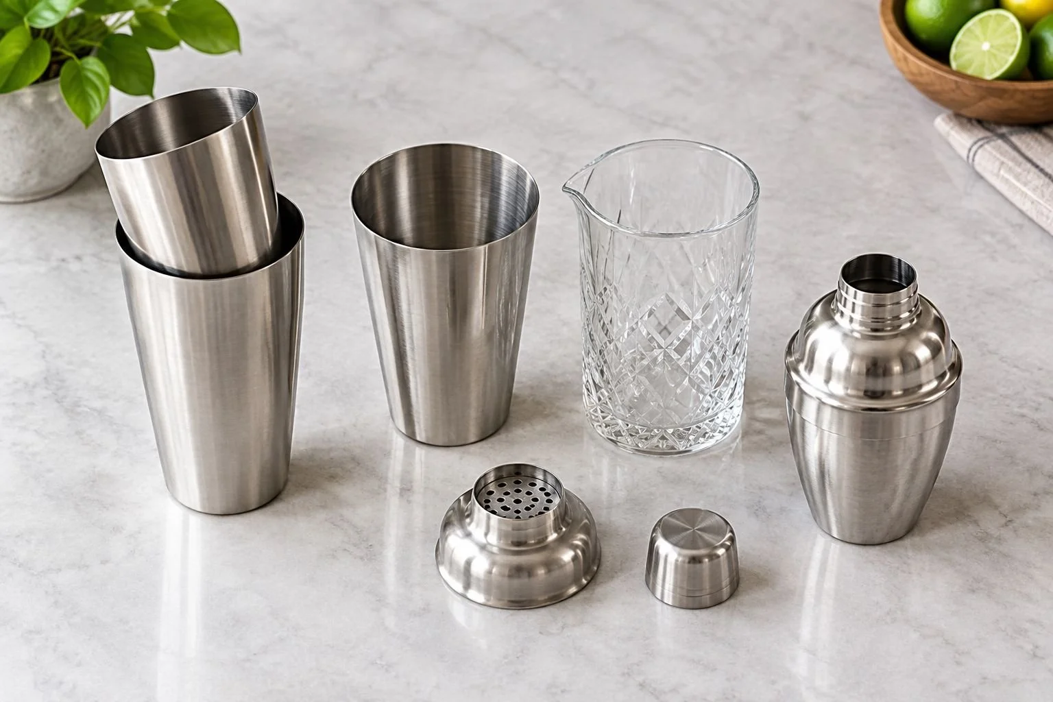 Disassembled tin-on-tin, glass-and-tin, and cobbler cocktail shakers showing their different components.