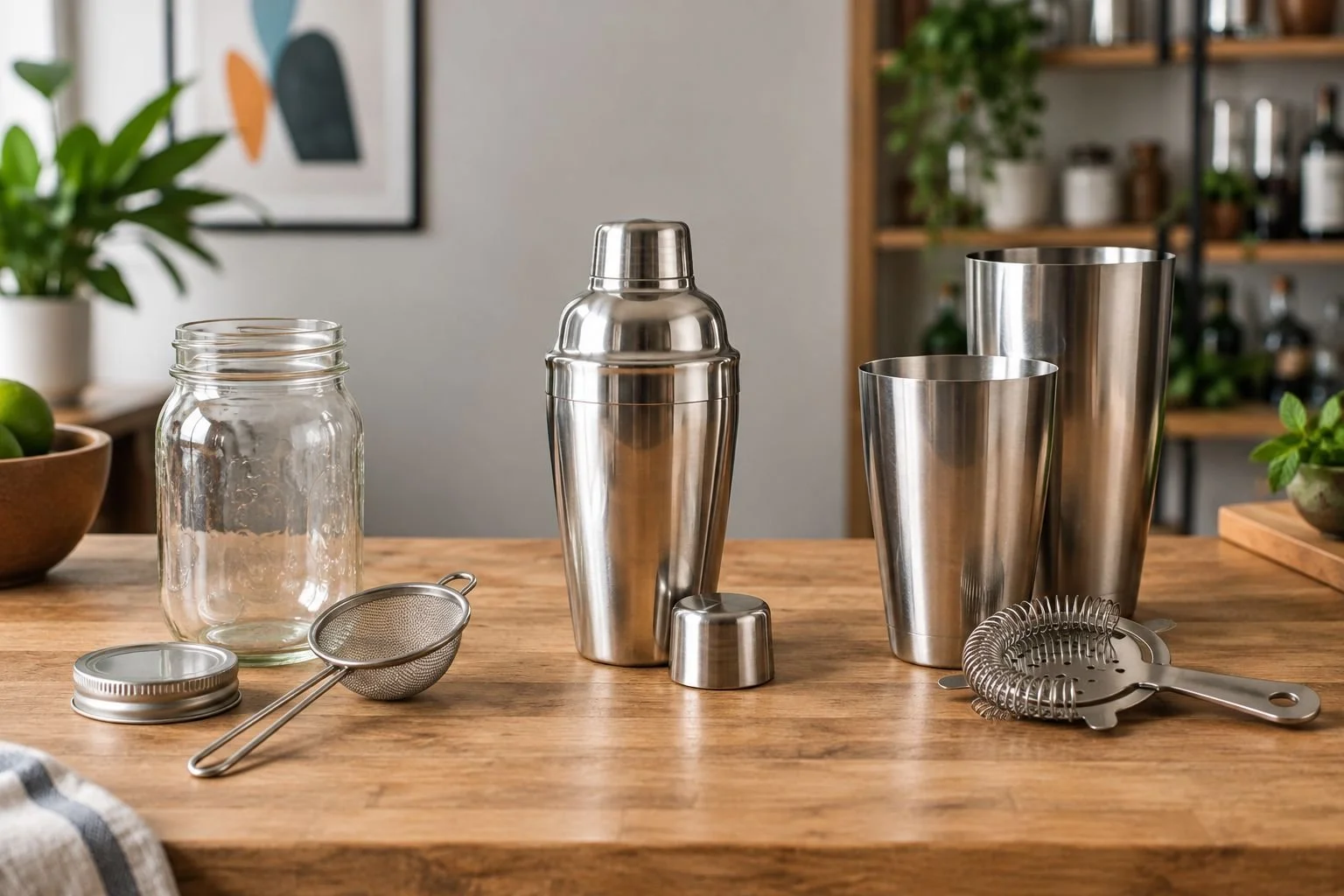 Mason jar, cobbler shaker, and metal Boston shaker with their different lids and straining tools.