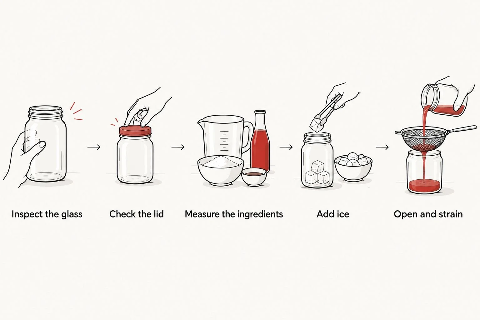 Sequence showing jar inspection, lid checking, measuring, adding ice, and straining.
