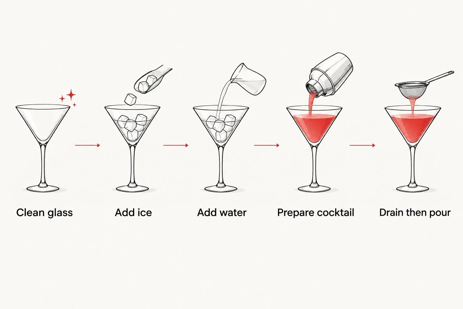 Sequence for chilling a cocktail glass with ice and water before draining and pouring