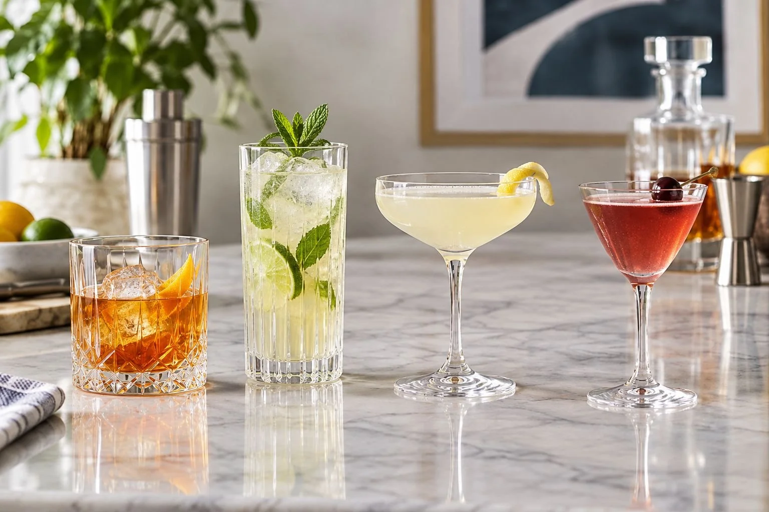 Rocks, highball, coupe, and Nick & Nora shapes shown side by side