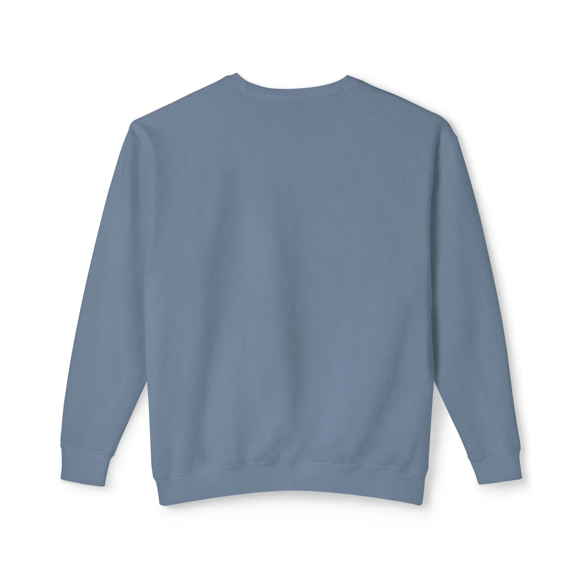 Après Espresso, back of the crewneck sweatshirt in Blue Jean. The back is plain, with no print.