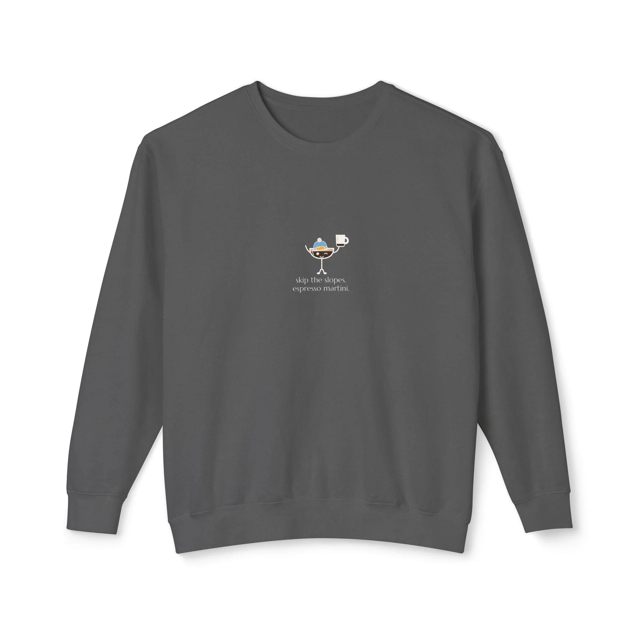 Après Espresso, a Lil' Pours crewneck sweatshirt in Pepper, with Esme and "skip the slopes. espresso martini." printed small on the center chest.