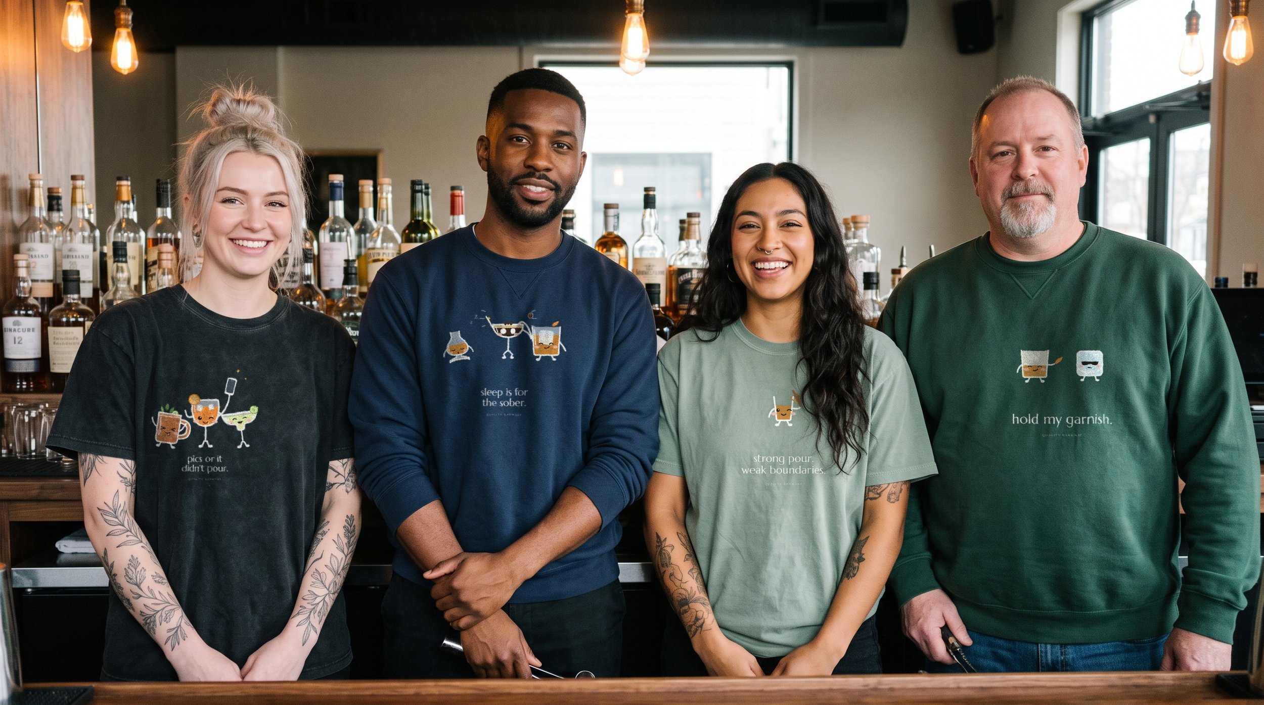 Four bartenders behind a bar wearing Lil Pours shirts and crewnecks